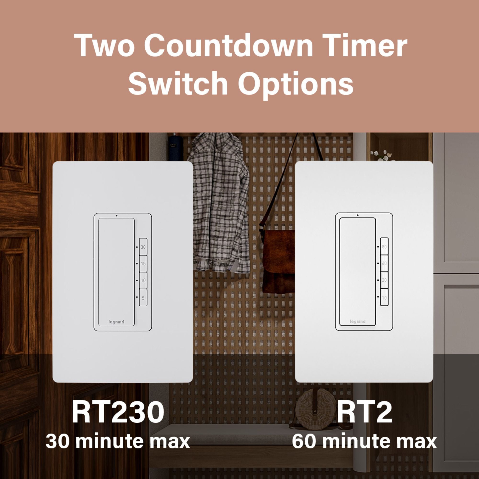 Legrand RT230W radiant Digital Countdown Timer, 800W, Single-Pole, 4-Button, 5-30 Min, White