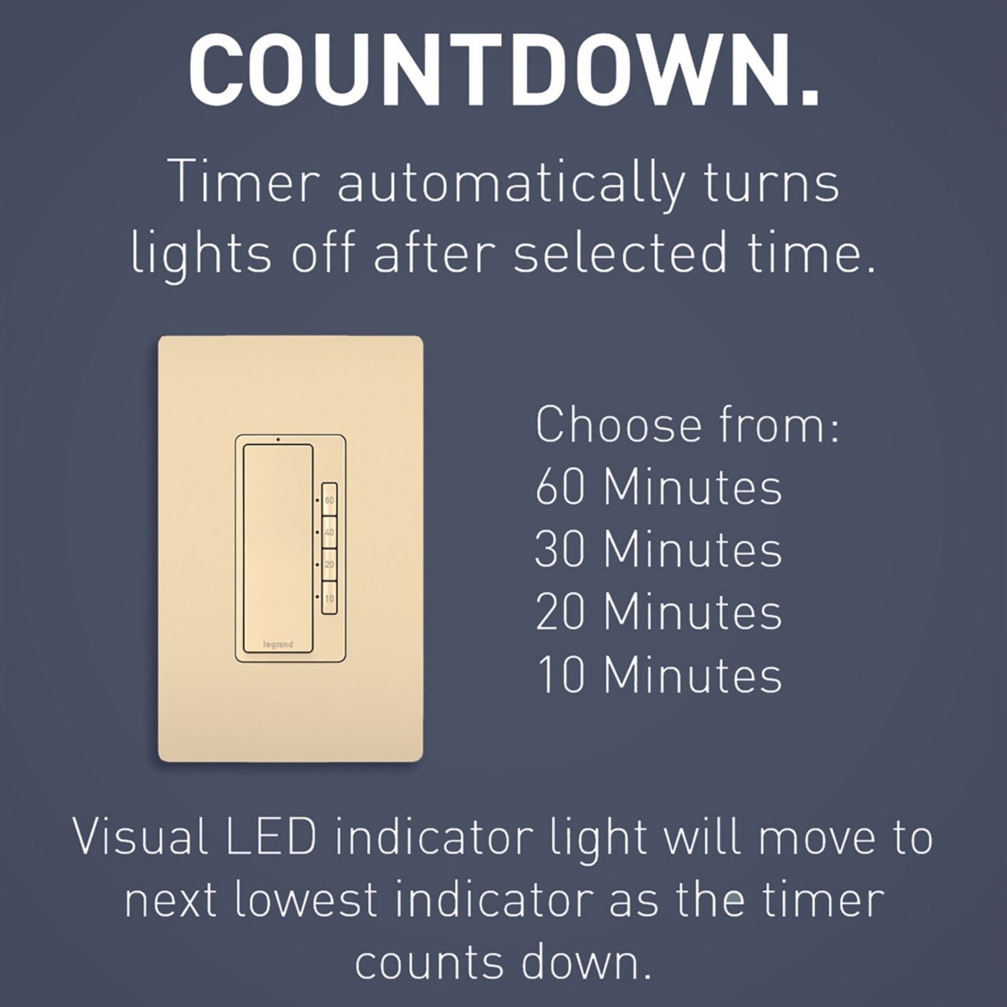 Legrand RT2I radiant 4-Button Digital Countdown Timer Switch, 10-60 Min, 600W, Neutral Required, Ivory