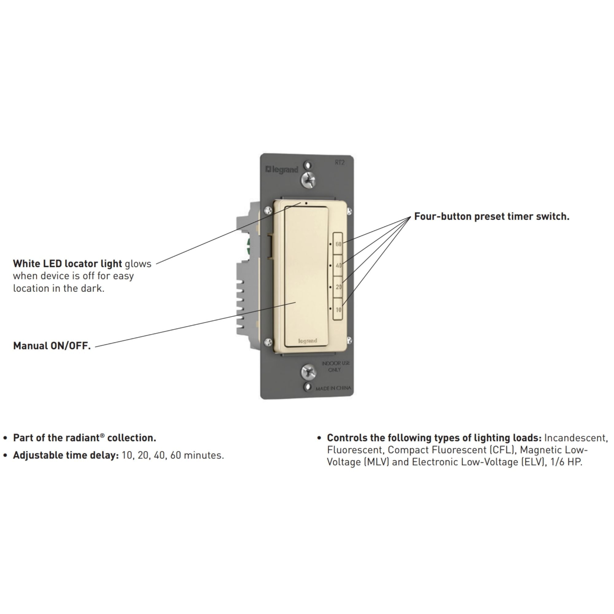 Legrand RT2NICCV4 radiant 4-Button Digital Countdown Timer Switch, 10-60 Min, 600W, Neutral Required, Nickel