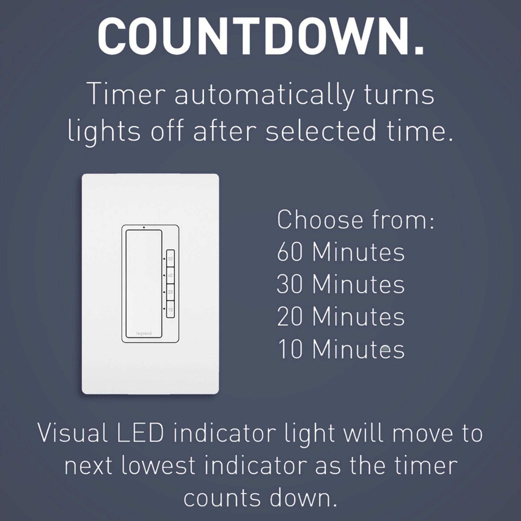 Legrand RT2W radiant 4-Button Digital Countdown Timer Switch, 10-60 Min, 600W, Neutral Required, White