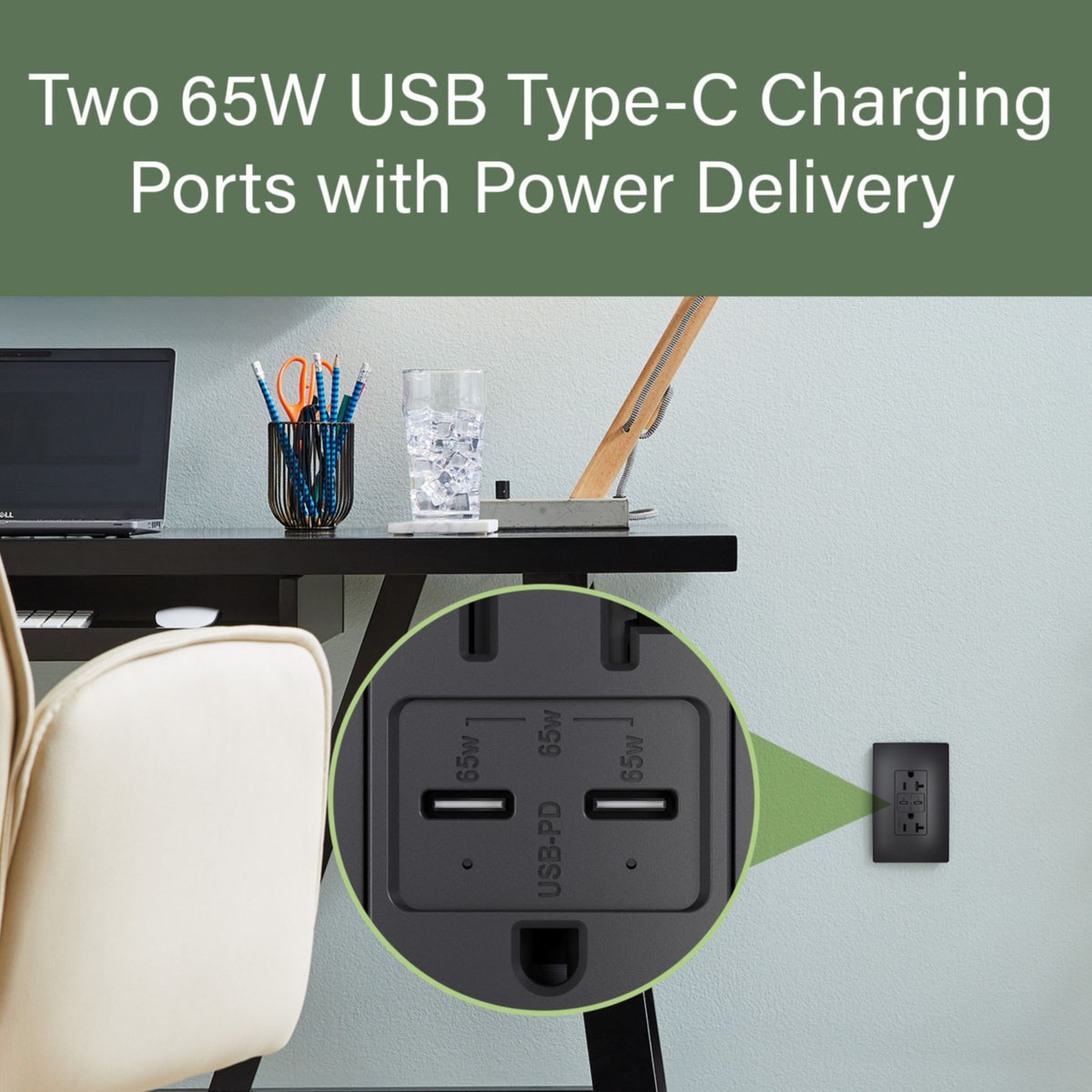 Legrand TR20USBPD65BK radiant 20A Tamper-Resistant Commercial 65W USB Type-C Power Delivery Duplex Outlet, Black