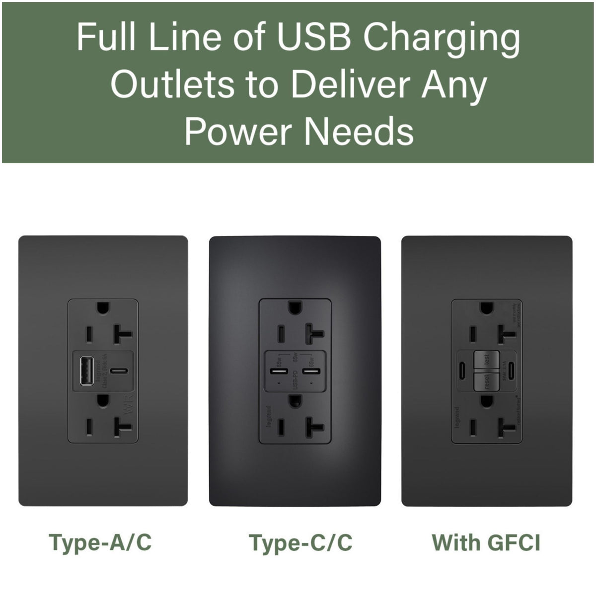 Legrand TR20USBPD65BK radiant 20A Tamper-Resistant Commercial 65W USB Type-C Power Delivery Duplex Outlet, Black
