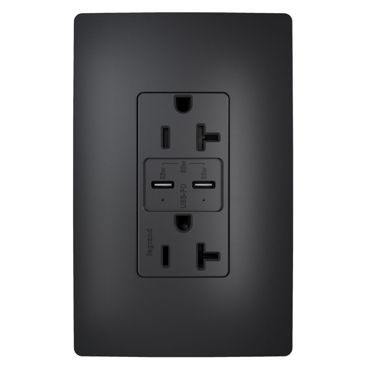 Legrand TR20USBPD65BK radiant 20A Tamper-Resistant Commercial 65W USB Type-C Power Delivery Duplex Outlet, Black