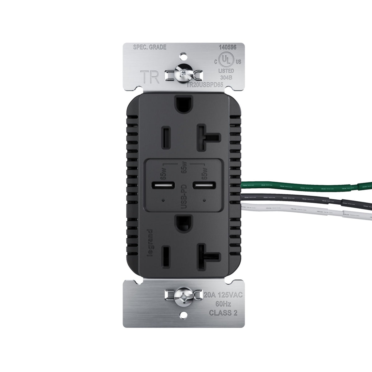 Legrand TR20USBPD65BK radiant 20A Tamper-Resistant Commercial 65W USB Type-C Power Delivery Duplex Outlet, Black
