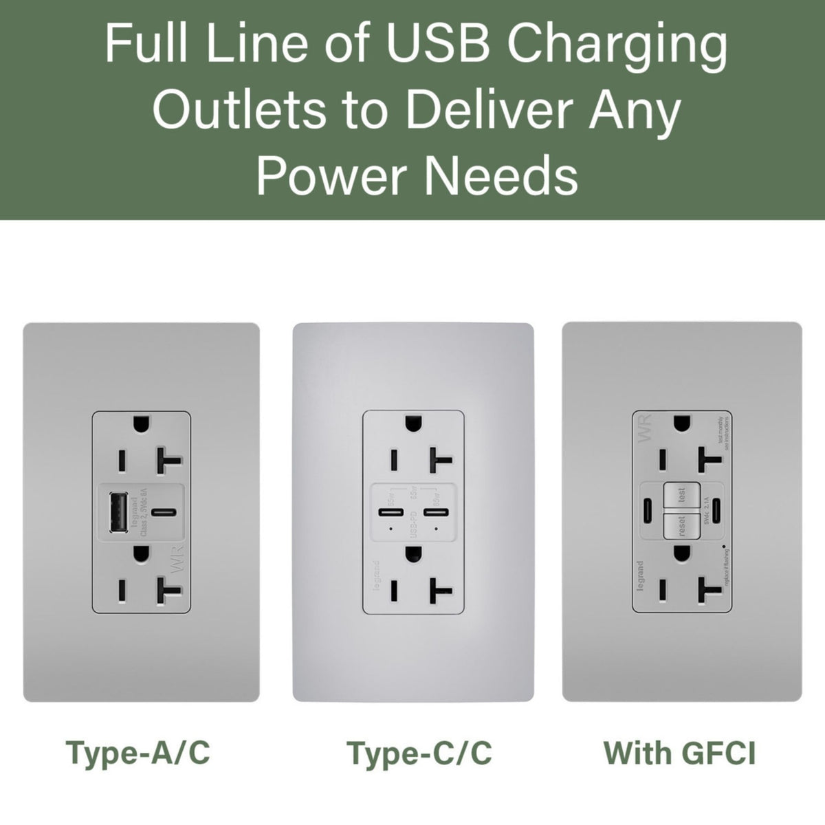 Legrand TR20USBPD65GRY radiant 20A Tamper-Resistant Commercial 65W USB Type-C Power Delivery Duplex Outlet, Gray