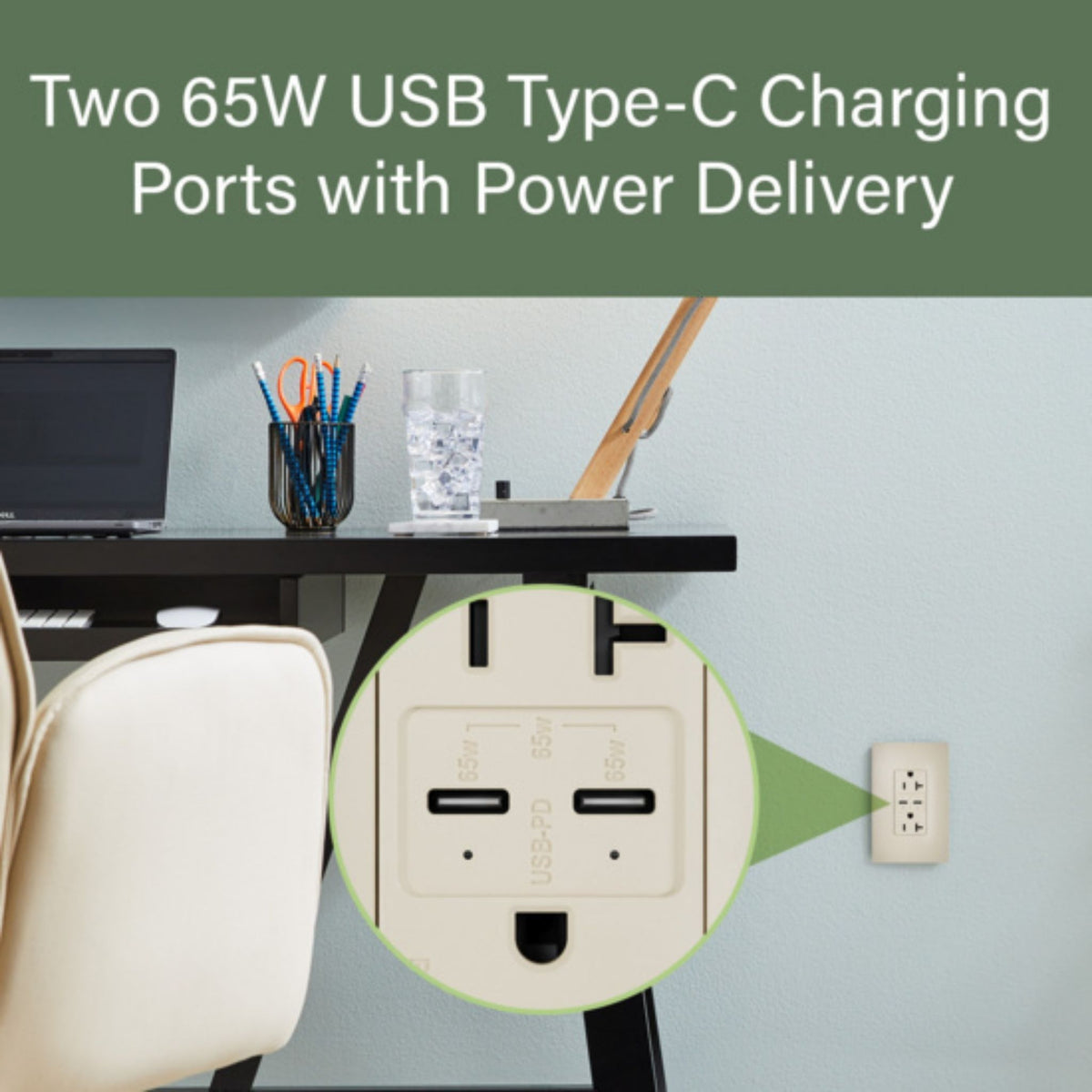 Legrand TR20USBPD65I radiant 20A Tamper-Resistant Commercial 65W USB Type-C Power Delivery Duplex Outlet, Ivory