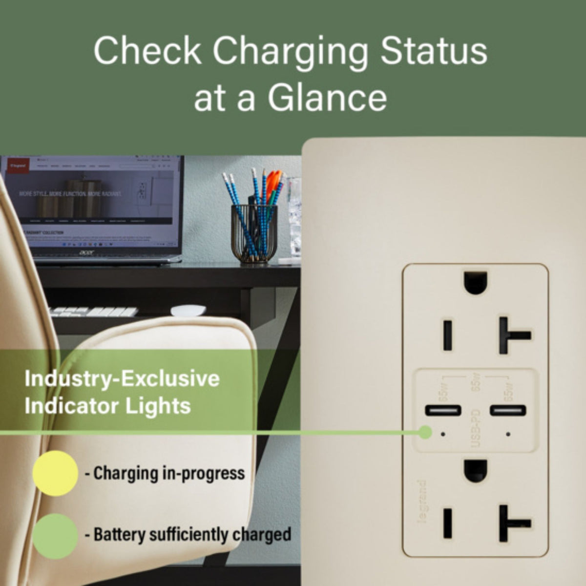 Legrand TR20USBPD65I radiant 20A Tamper-Resistant Commercial 65W USB Type-C Power Delivery Duplex Outlet, Ivory