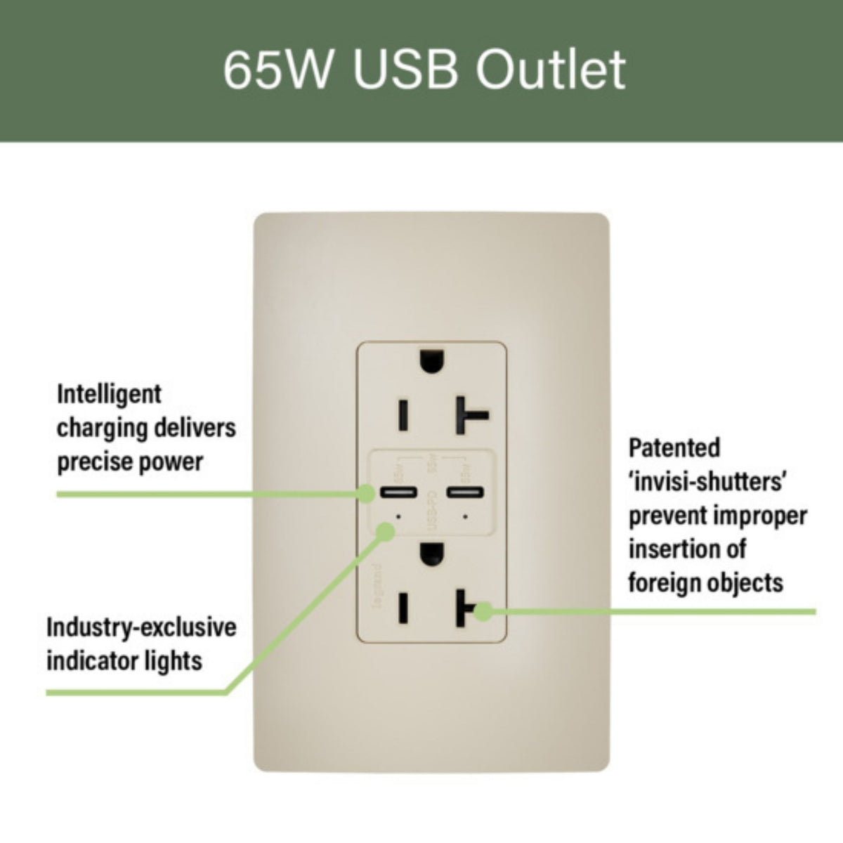 Legrand TR20USBPD65I radiant 20A Tamper-Resistant Commercial 65W USB Type-C Power Delivery Duplex Outlet, Ivory