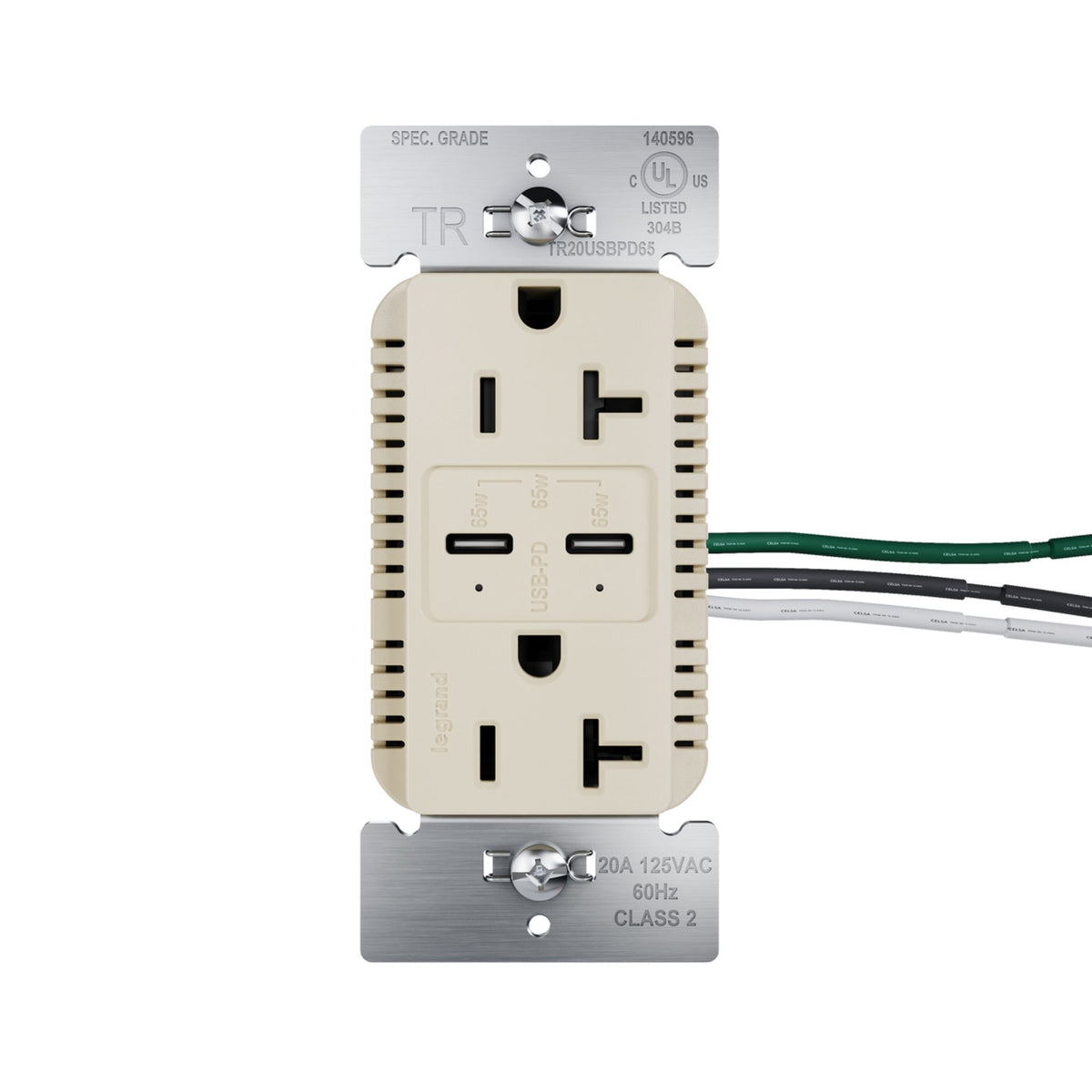 Legrand TR20USBPD65I radiant 20A Tamper-Resistant Commercial 65W USB Type-C Power Delivery Duplex Outlet, Ivory