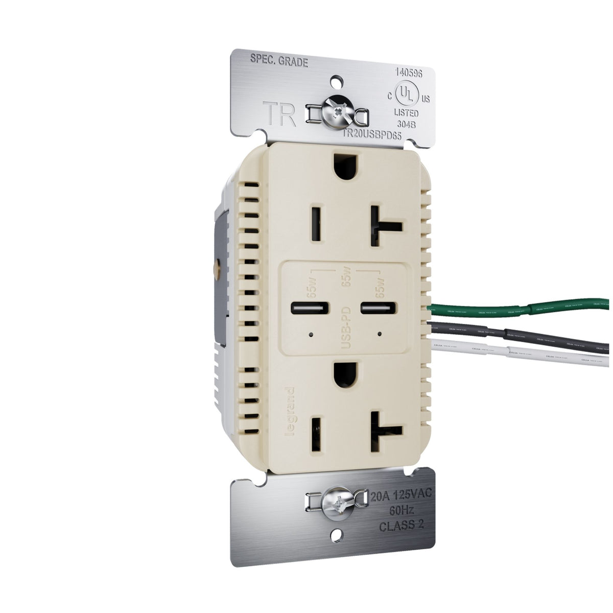 Legrand TR20USBPD65I radiant 20A Tamper-Resistant Commercial 65W USB Type-C Power Delivery Duplex Outlet, Ivory
