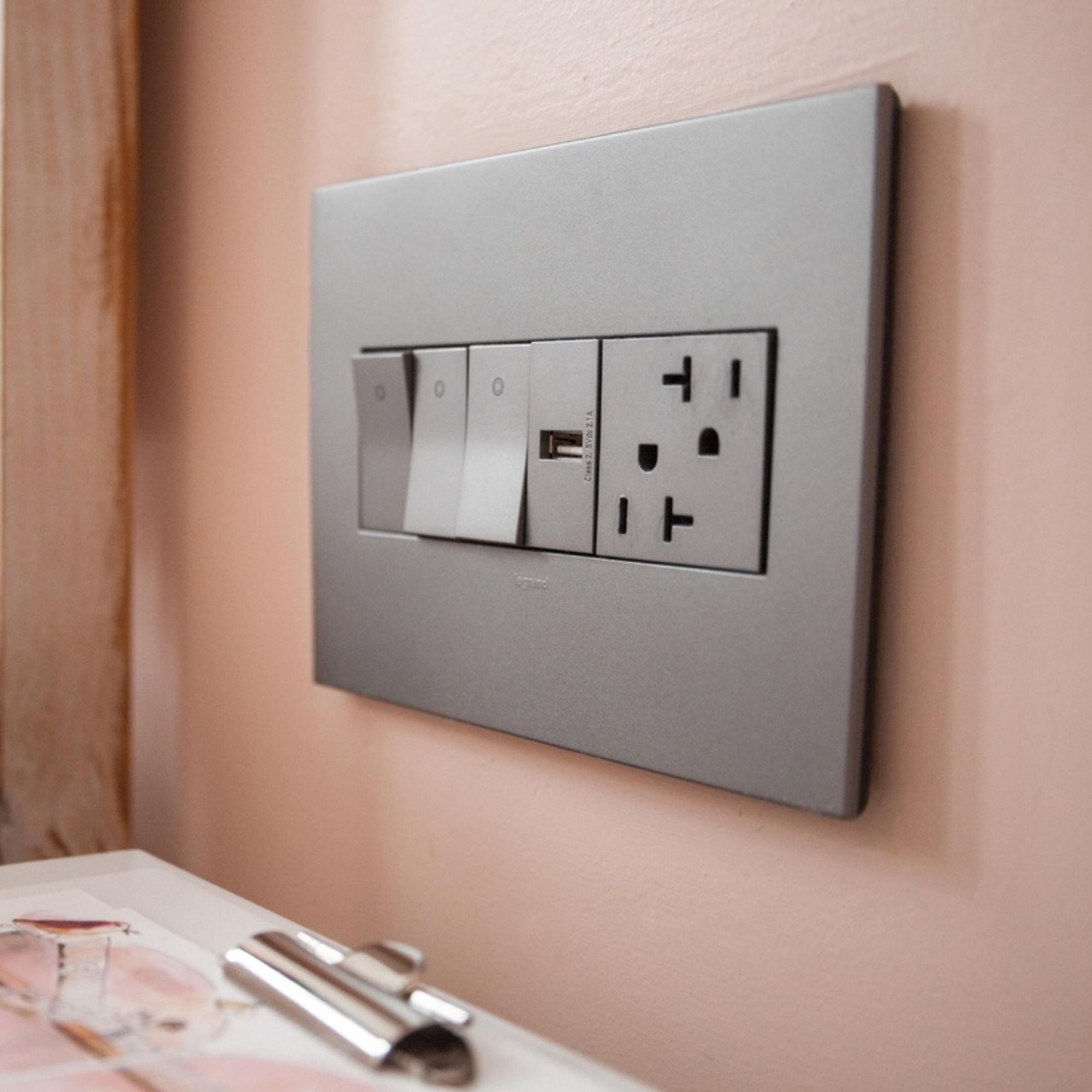 adorne 4-Gang Screwless Wall Plate, Magnesium - Bees Lighting