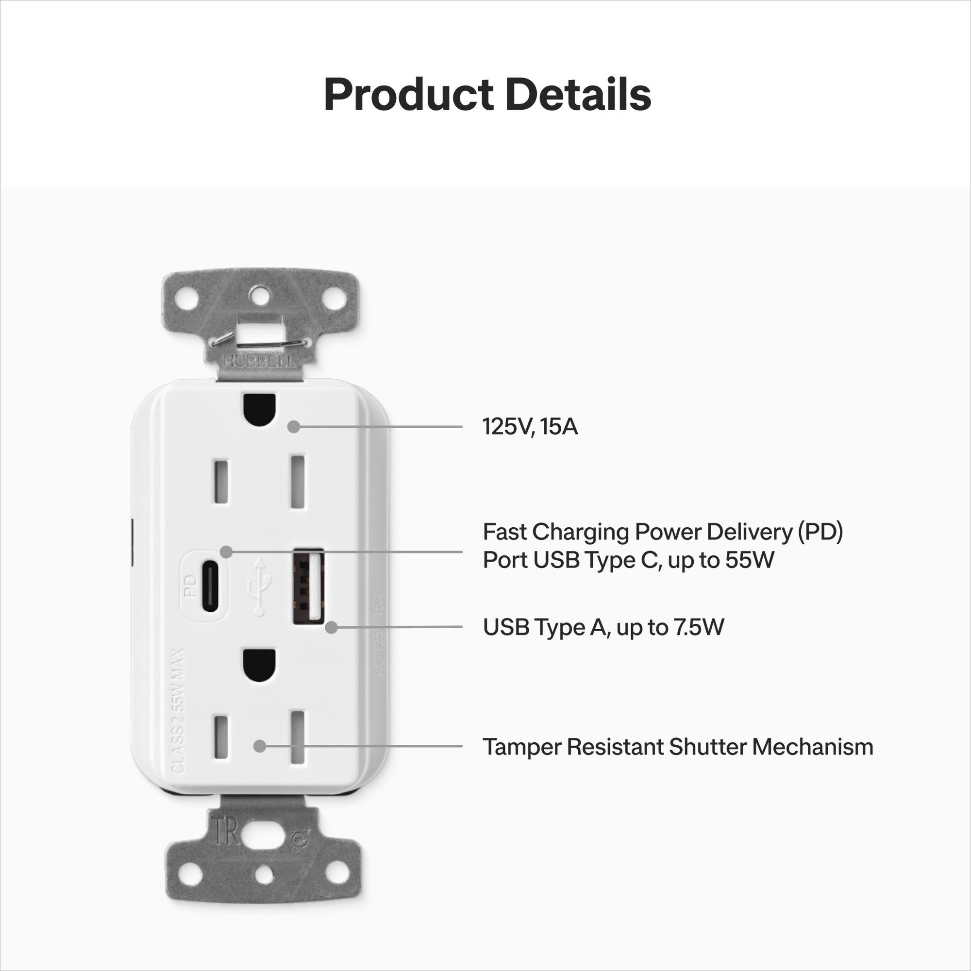 Lutron Claro CAR-15-ACTR-WH 15A Tamper-Resistant USB Type A & C Duplex Receptacle - White