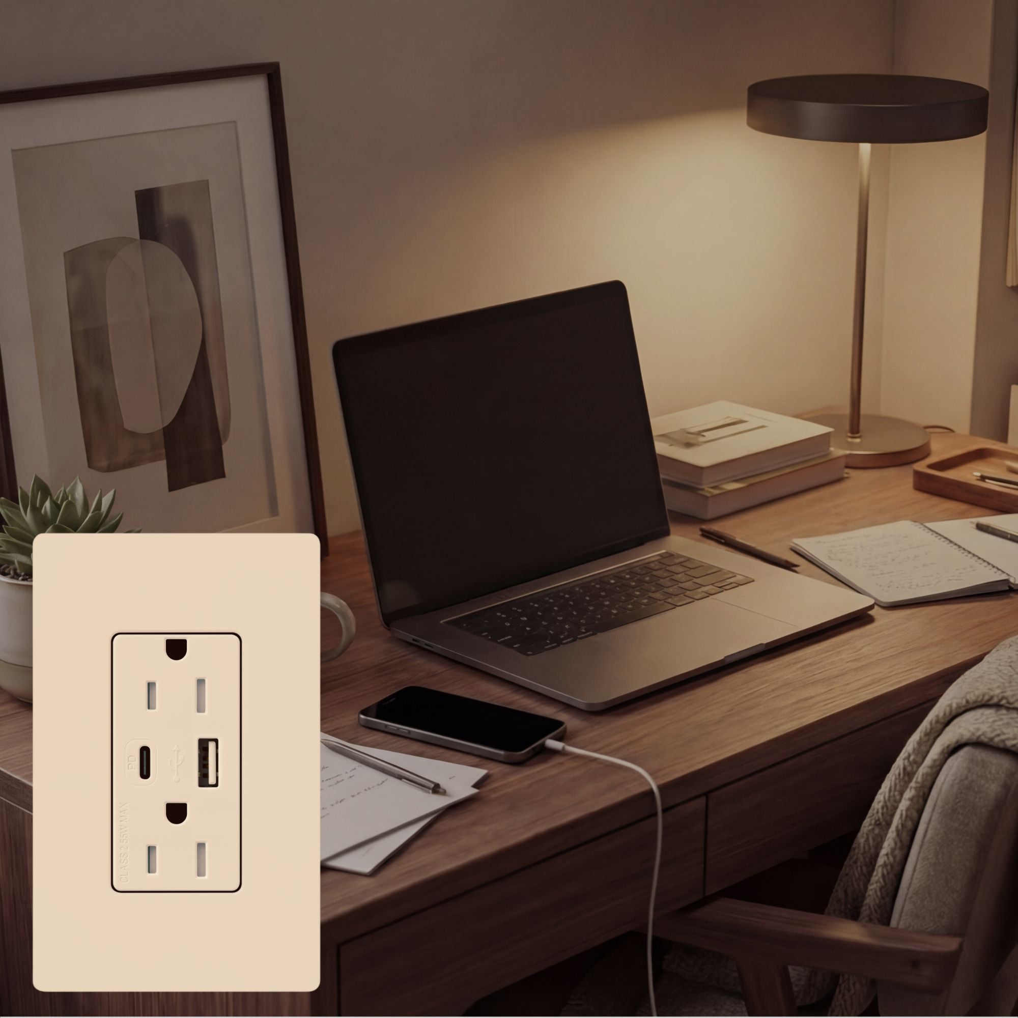 Lutron Claro CAR-15-ACTR-WH 15A Tamper-Resistant USB Type A & C Duplex Receptacle - White