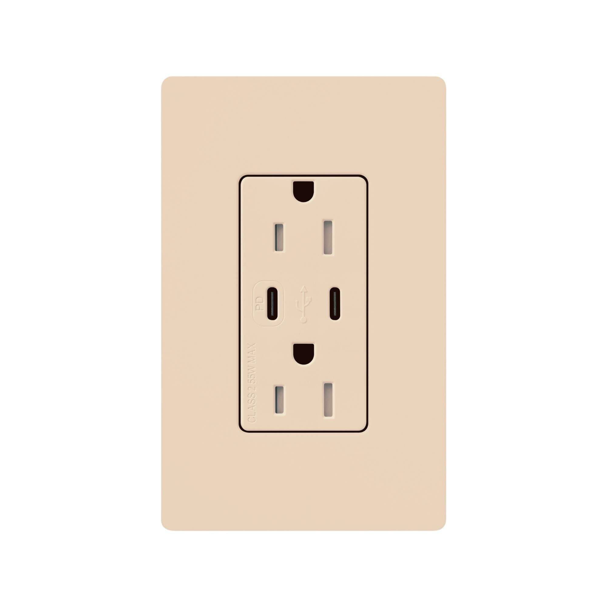 Lutron Claro CAR-15-CCTR-LA 15A Tamper-Resistant USB Type C + C Duplex Receptacle - Light Almond