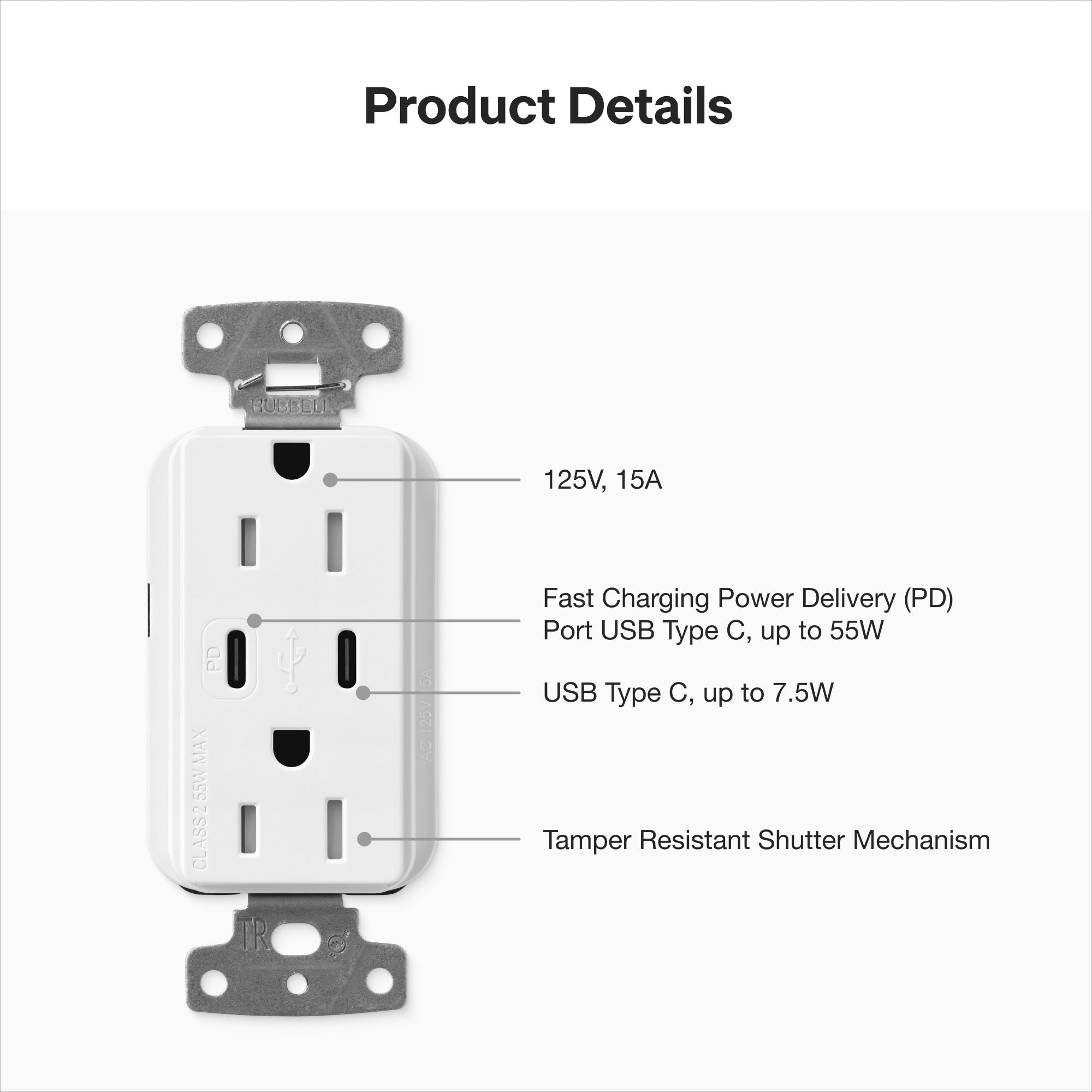 Lutron Claro CAR-15-CCTR-WH 15A Tamper-Resistant USB Type C + C Duplex Receptacle - White
