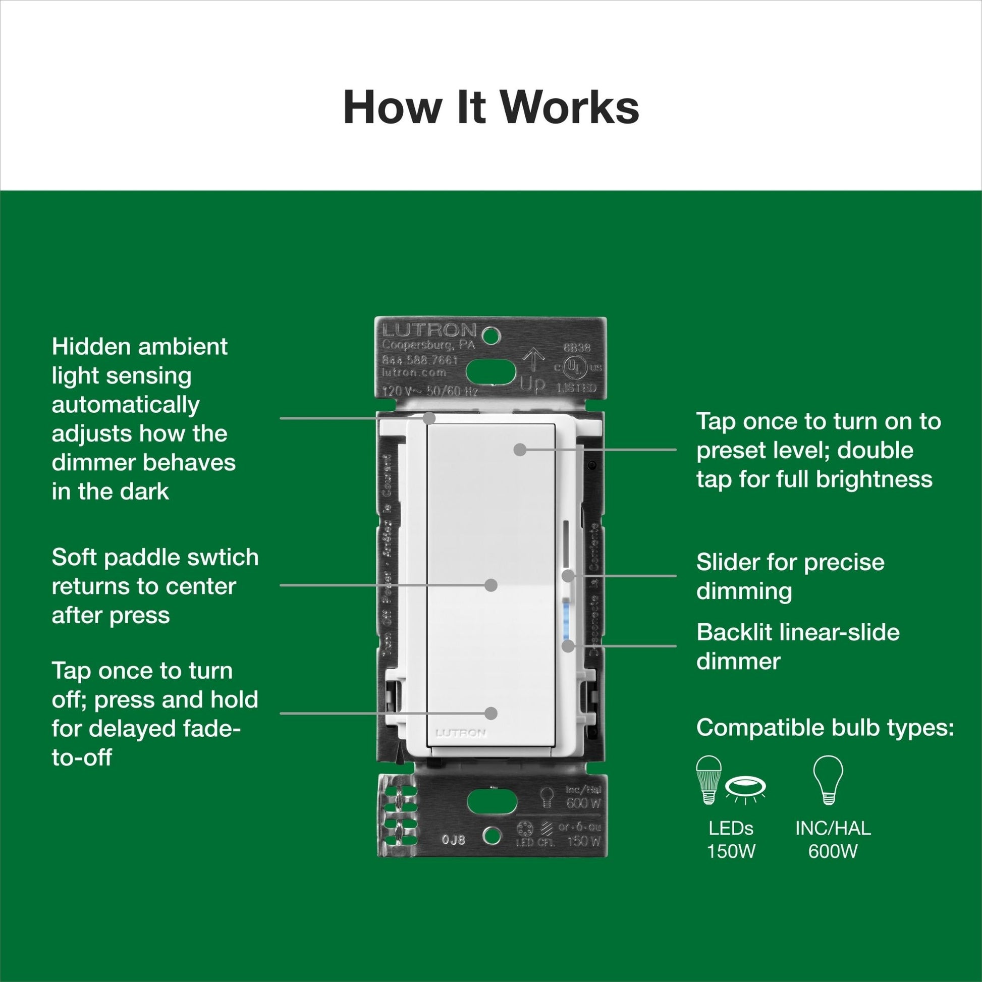 Lutron - Lutron Diva LED+ Dimmer with Night Mode, 150-Watt - DVCLN-153P-WH | Bees Lighting