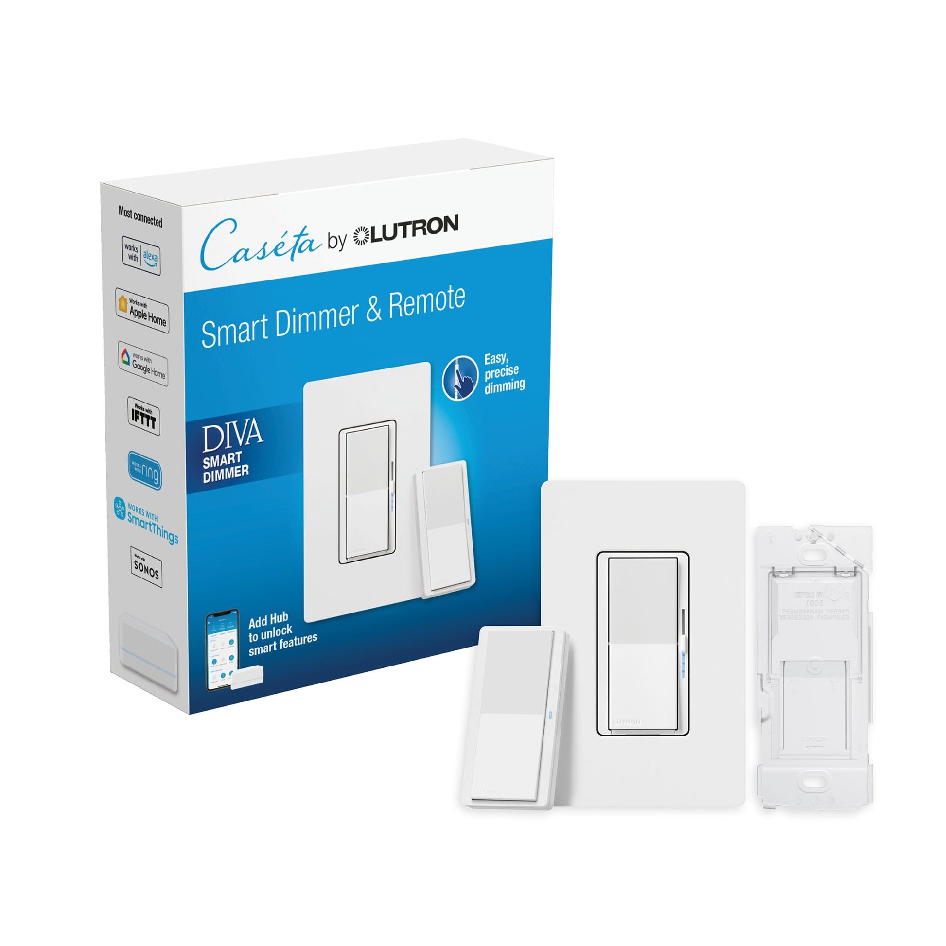 Caseta by Lutron smart dimmer and remote packaging with product display on a white background