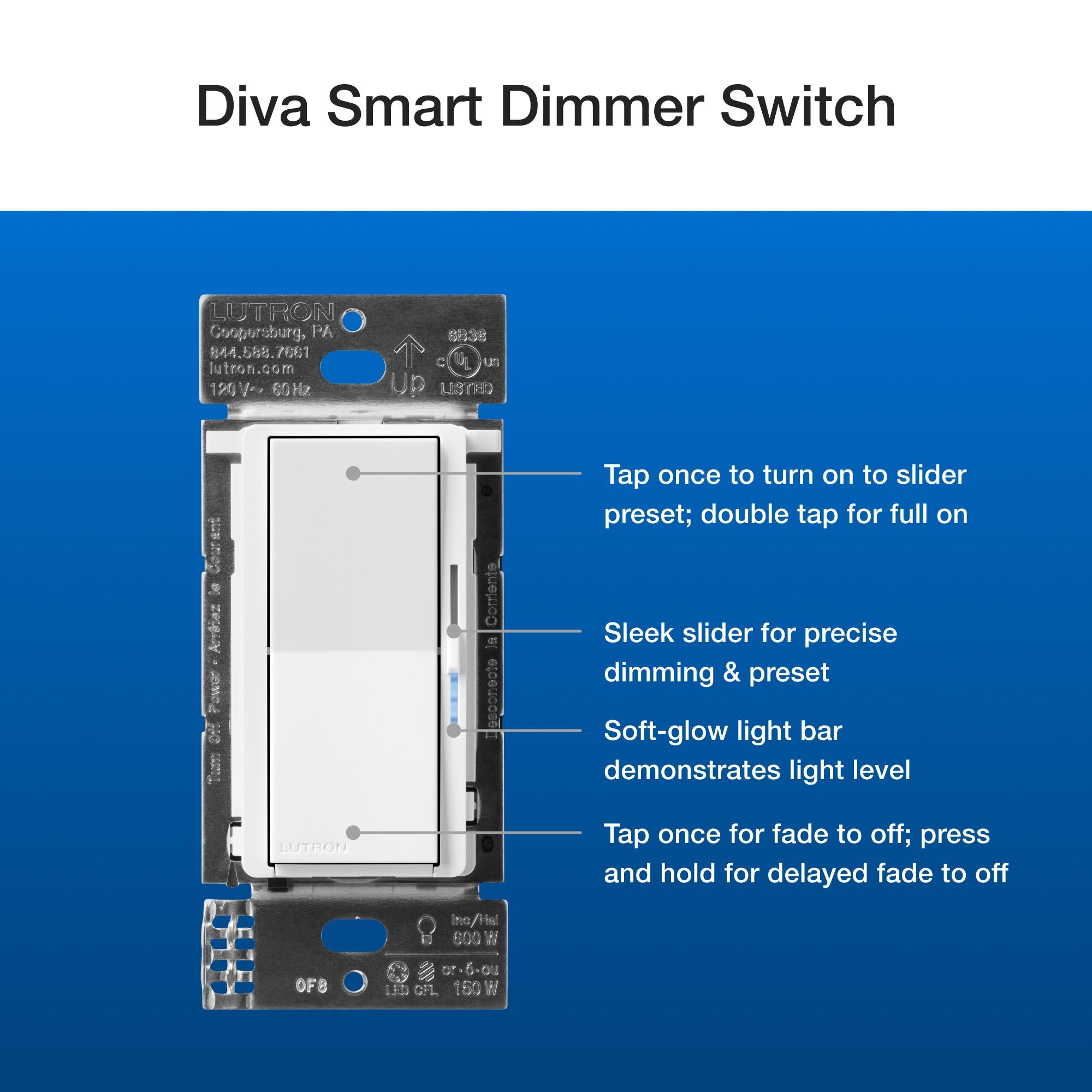 Lutron DVRF-PKG1D-WH Caseta Diva Smart Dimmer Switch Expansion Kit with Pico Paddle Remote, White