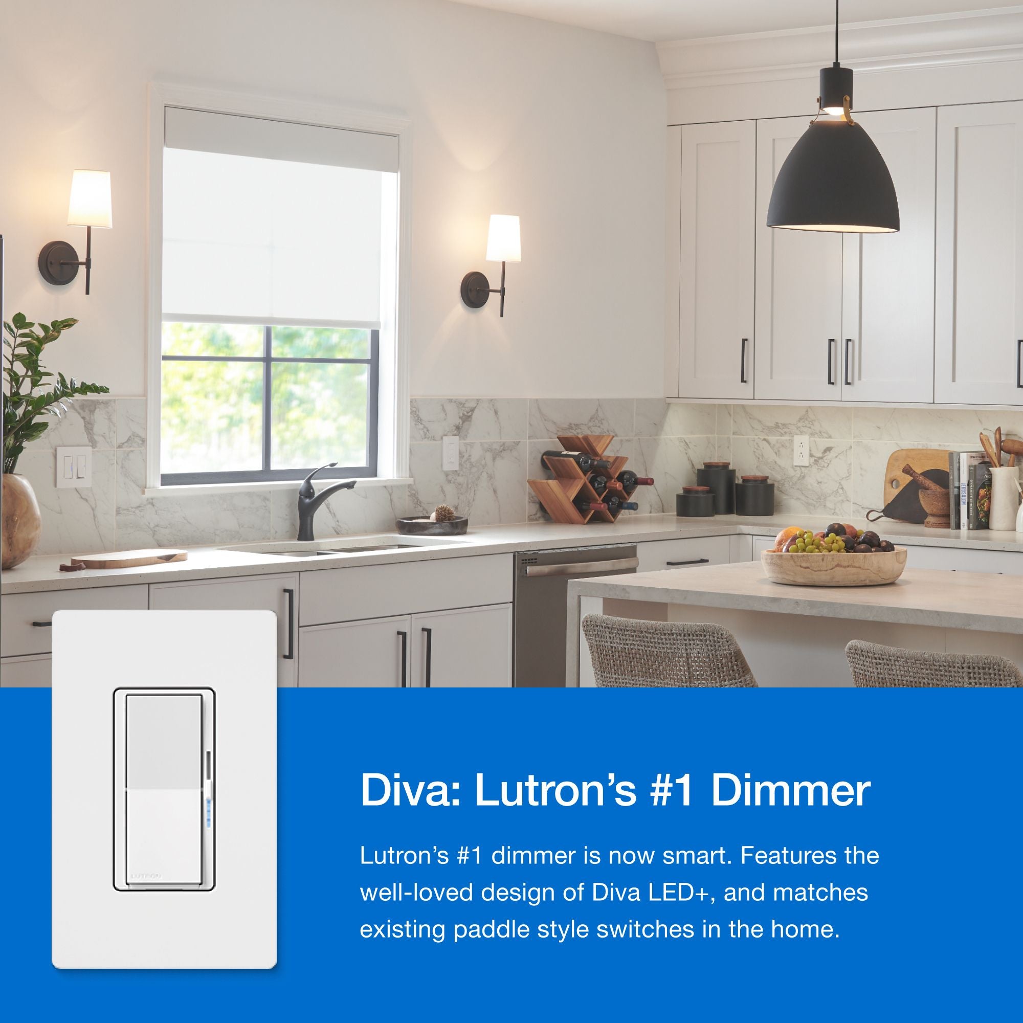 Lutron DVRF-PKG1D-WH Diva Smart Dimmer Switch 3-Way Kit with Pico Paddle Remote for the Caseta system, Smart Hub Not Required, White