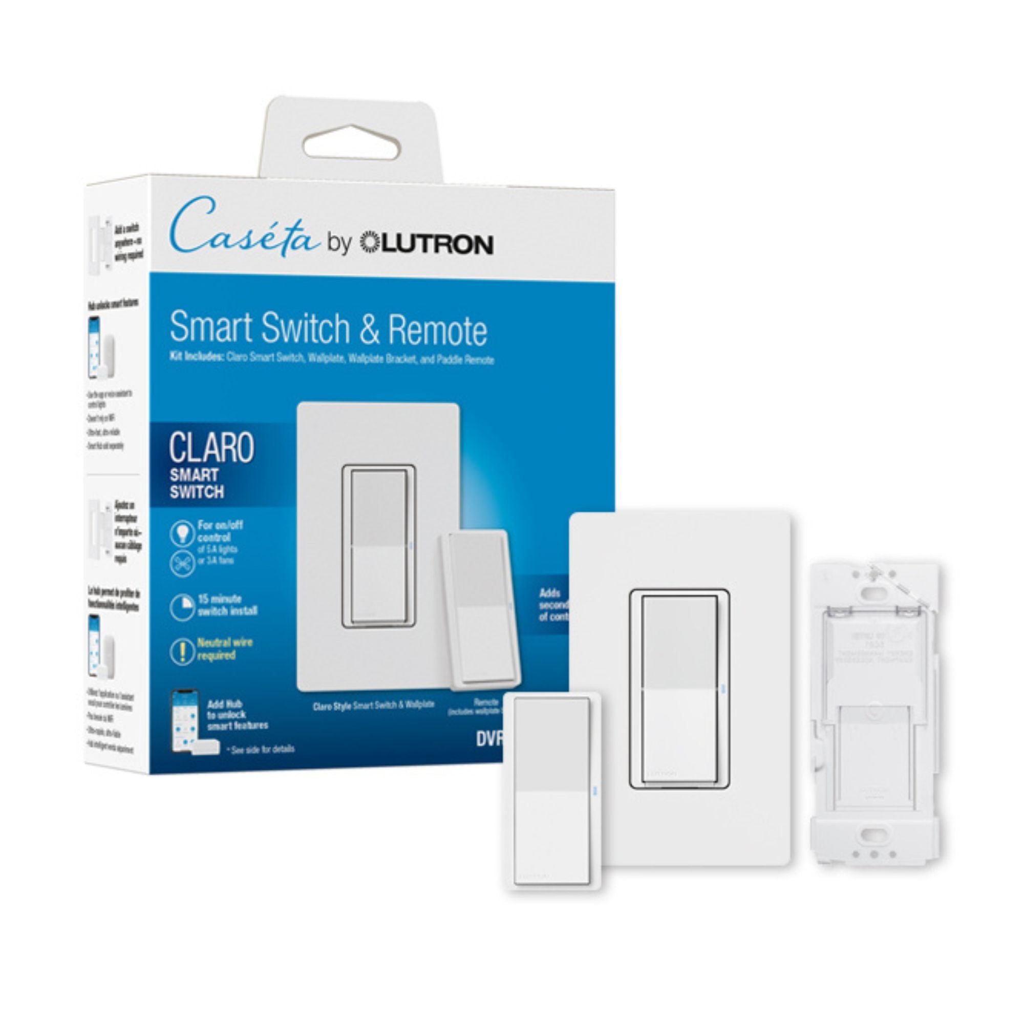 Lutron DVRF-PKG1S-WH Caseta Claro Smart Switch Kit with Pico Paddle Remote, White