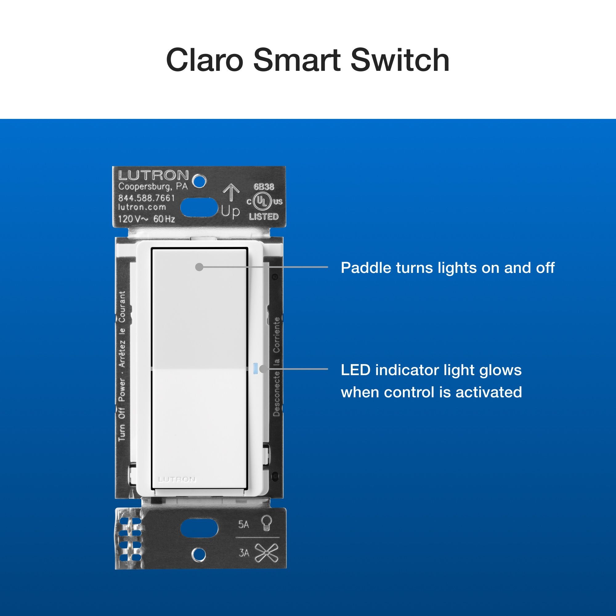 Lutron DVRF-PKG1S-WH Caseta Claro Smart Switch Kit with Pico Paddle Remote, White