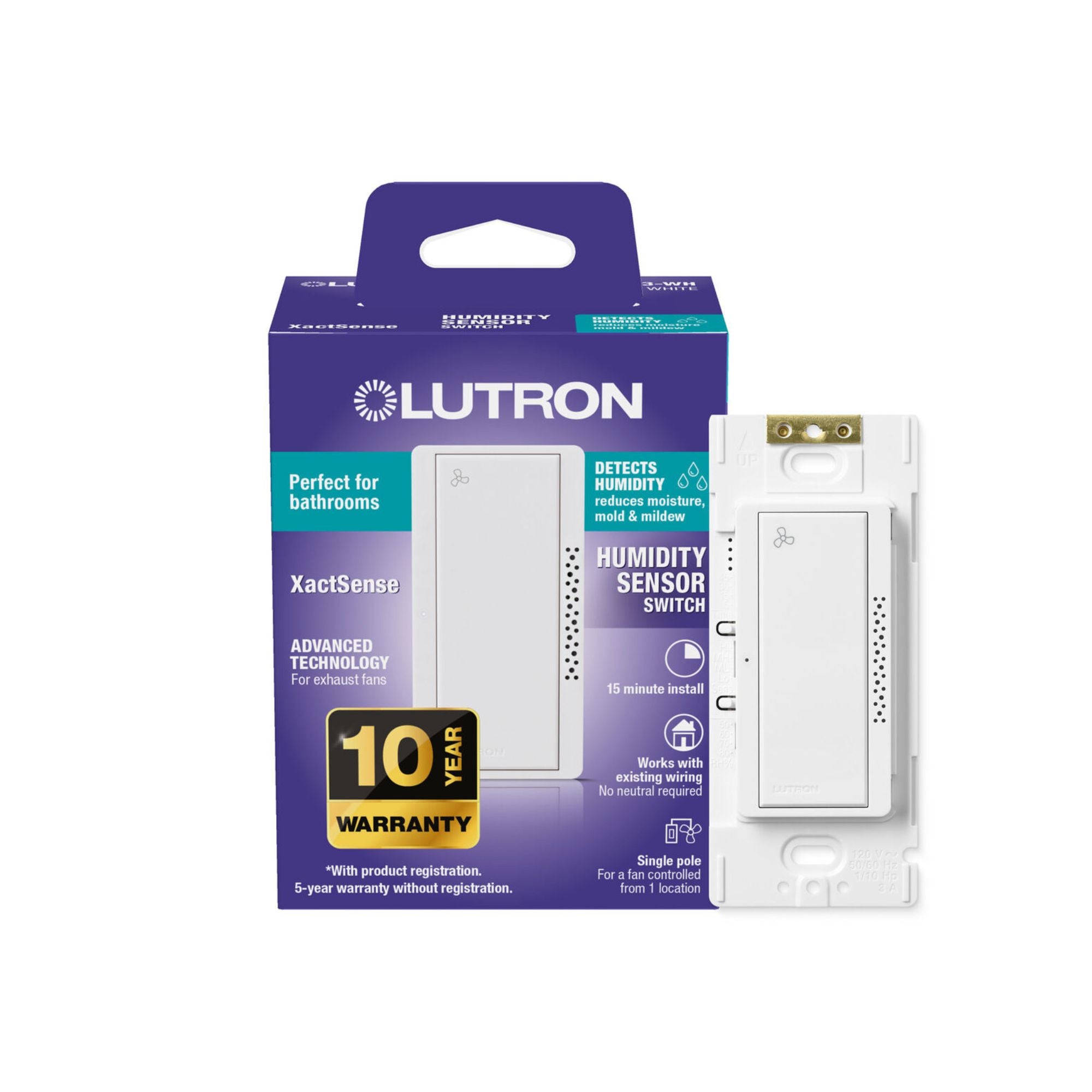Lutron - Lutron MS-HS3-WH XactSense Humidity Sensor Switch - Gloss White | Bees Lighting