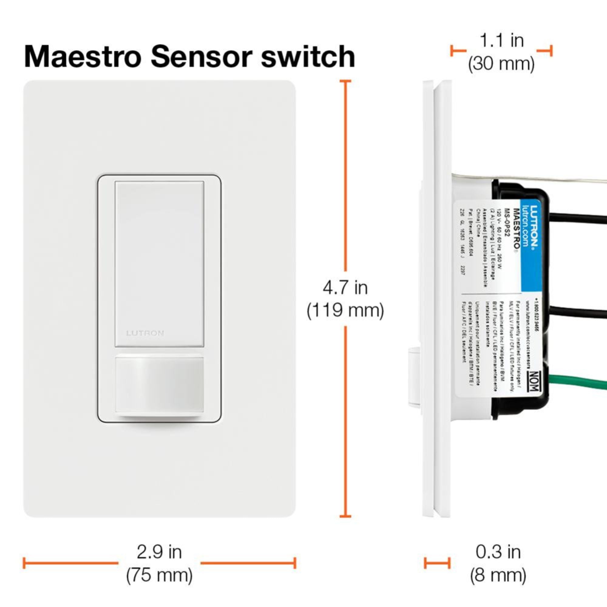 Lutron Maestro MS-OPS5M-BL PIR Occupancy/Vacancy Sensor Switch, 5A Lighting/3A Fan, Single-Pole/3-Way, 120V, Black