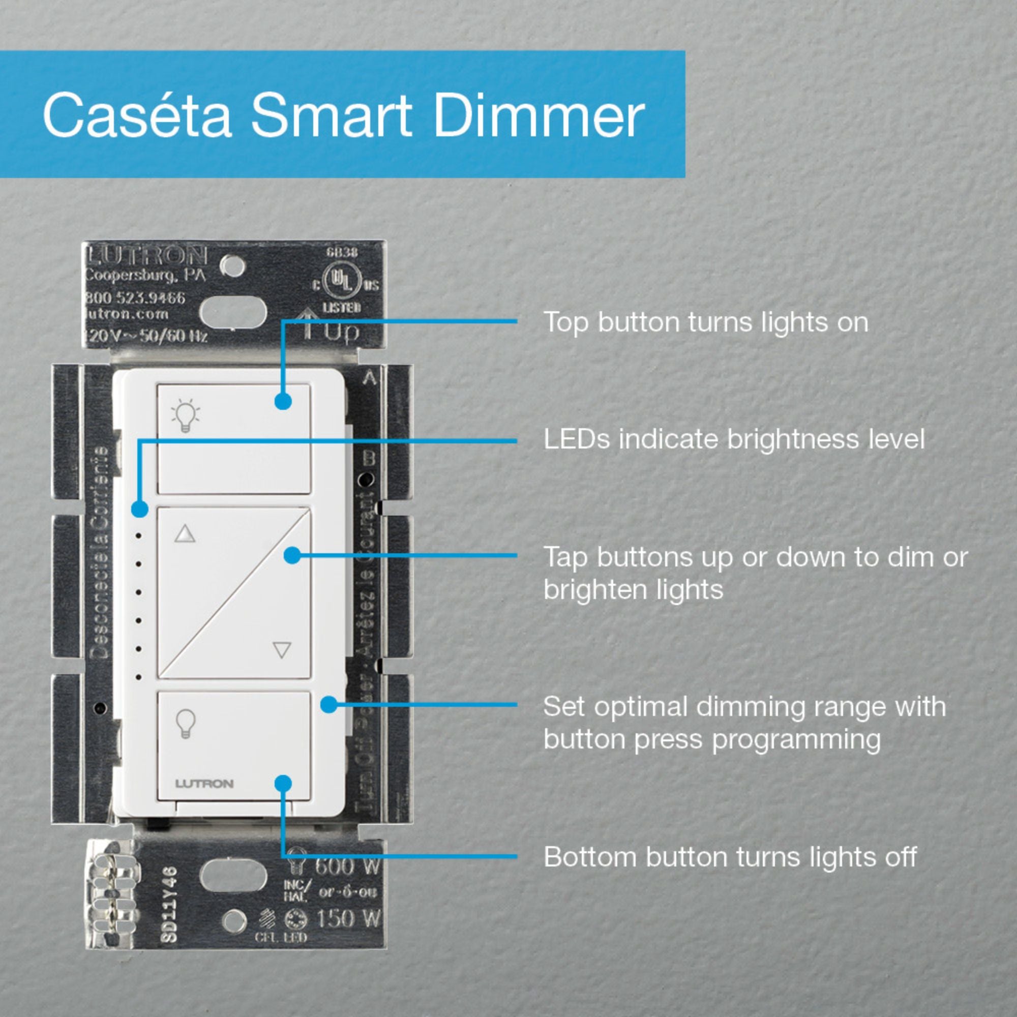 Lutron P-DIM-3WAY-WH Caséta Original Smart Dimmer 3-Way Kit with Pico Remote, White