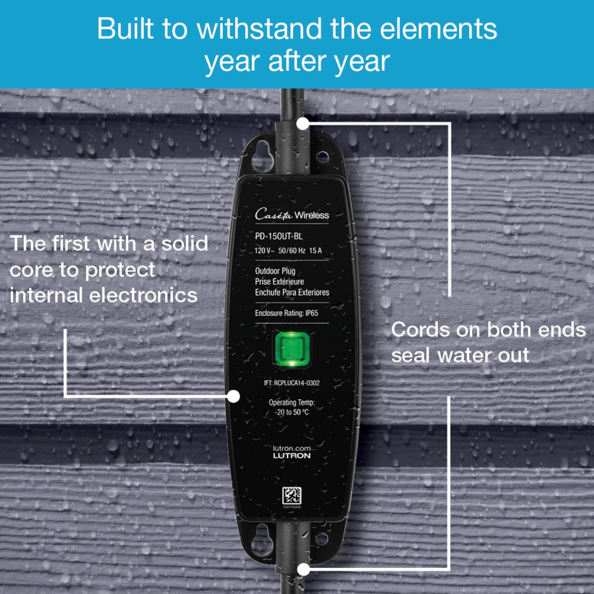 Lutron P-PKG1OUT-BL-R Caséta Weatherproof Outdoor Smart Plug with Pico Remote, 15A, IP65, Black