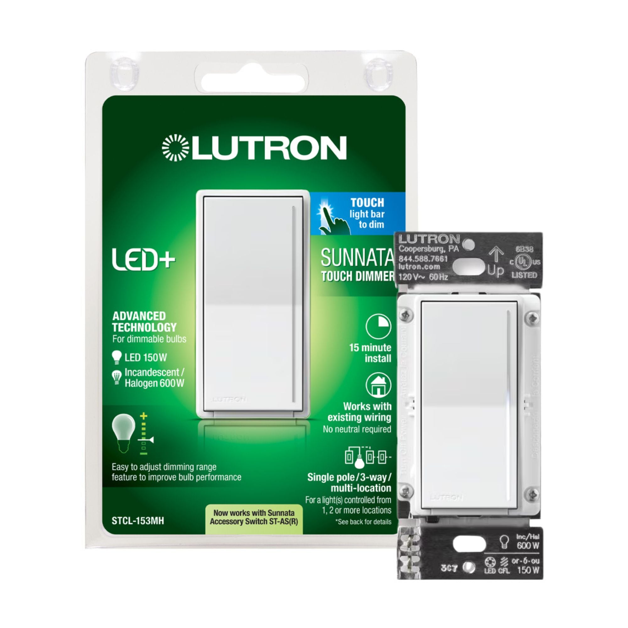 Sunnata LED+ Touch Dimmer, 150W LED, Single Pole/Multi-Location, White