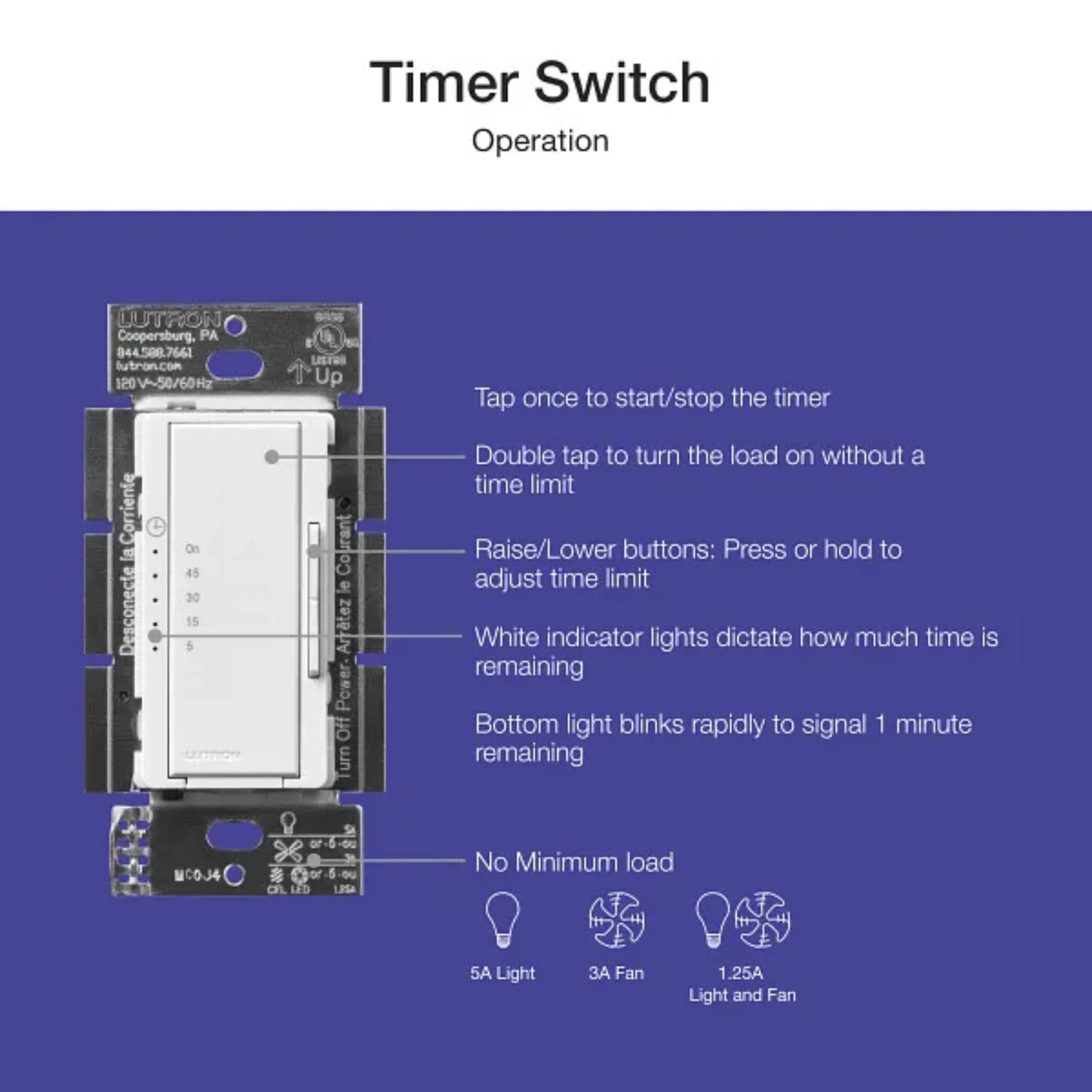 Maestro Countdown Timer Switch, 5-45 Minutes, 3A Fan|150W LED, White - Bees Lighting