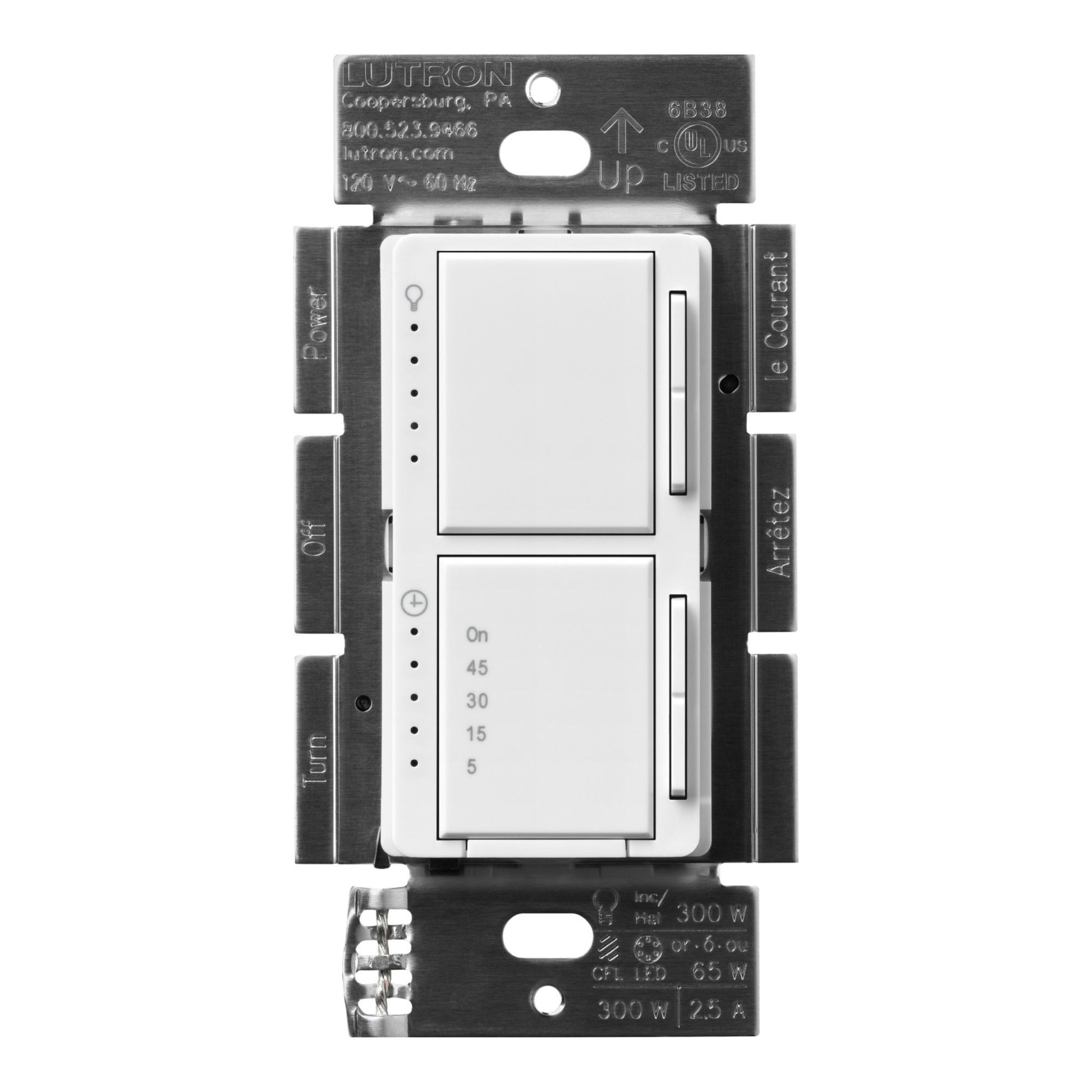 Maestro 5-Level Dimmer/Timer Switch, 75W LED/2.5A Fan, Single Pole, White - Bees Lighting