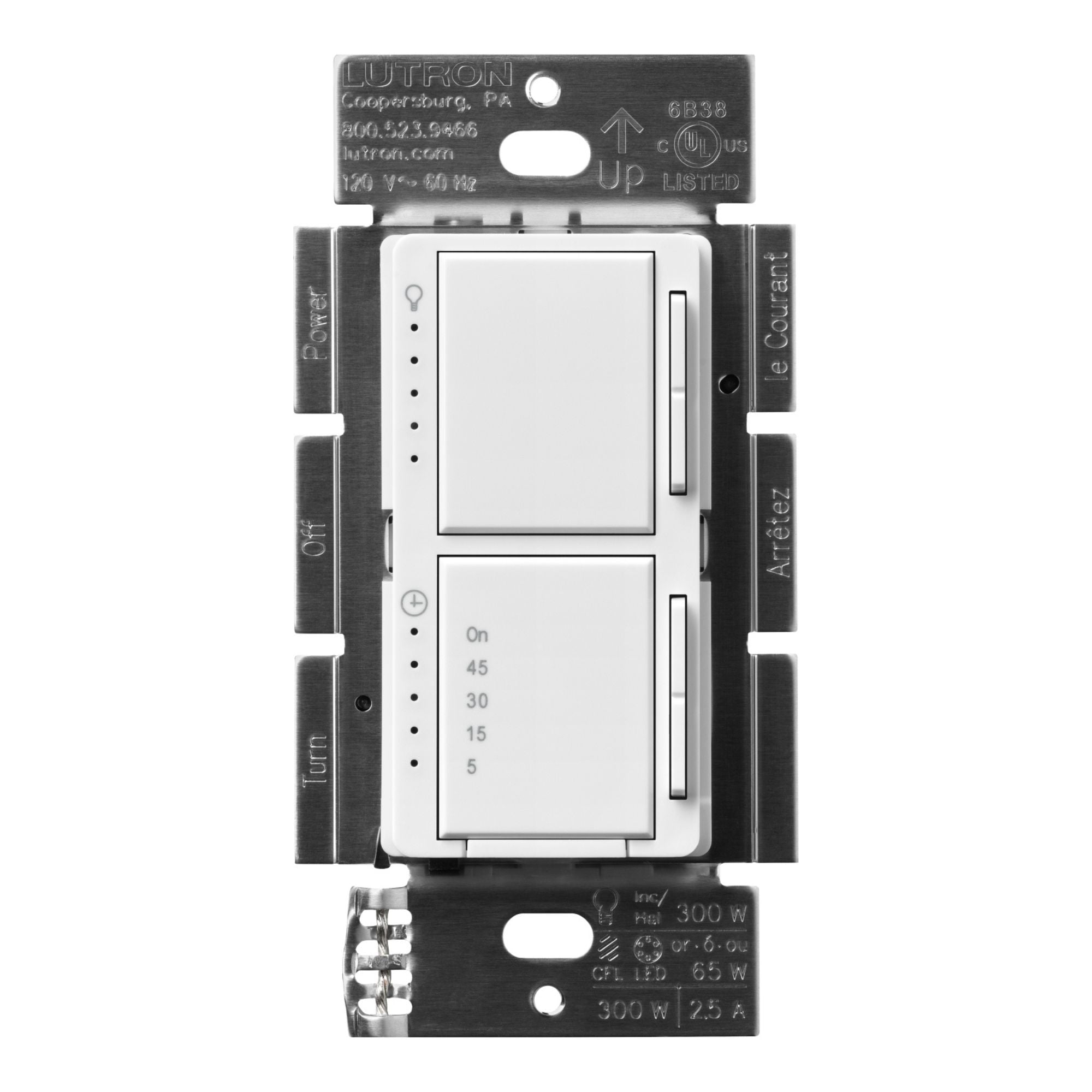 Maestro 5-Level Dimmer/Timer Switch, 75W LED/2.5A Fan, Single Pole, White - Bees Lighting