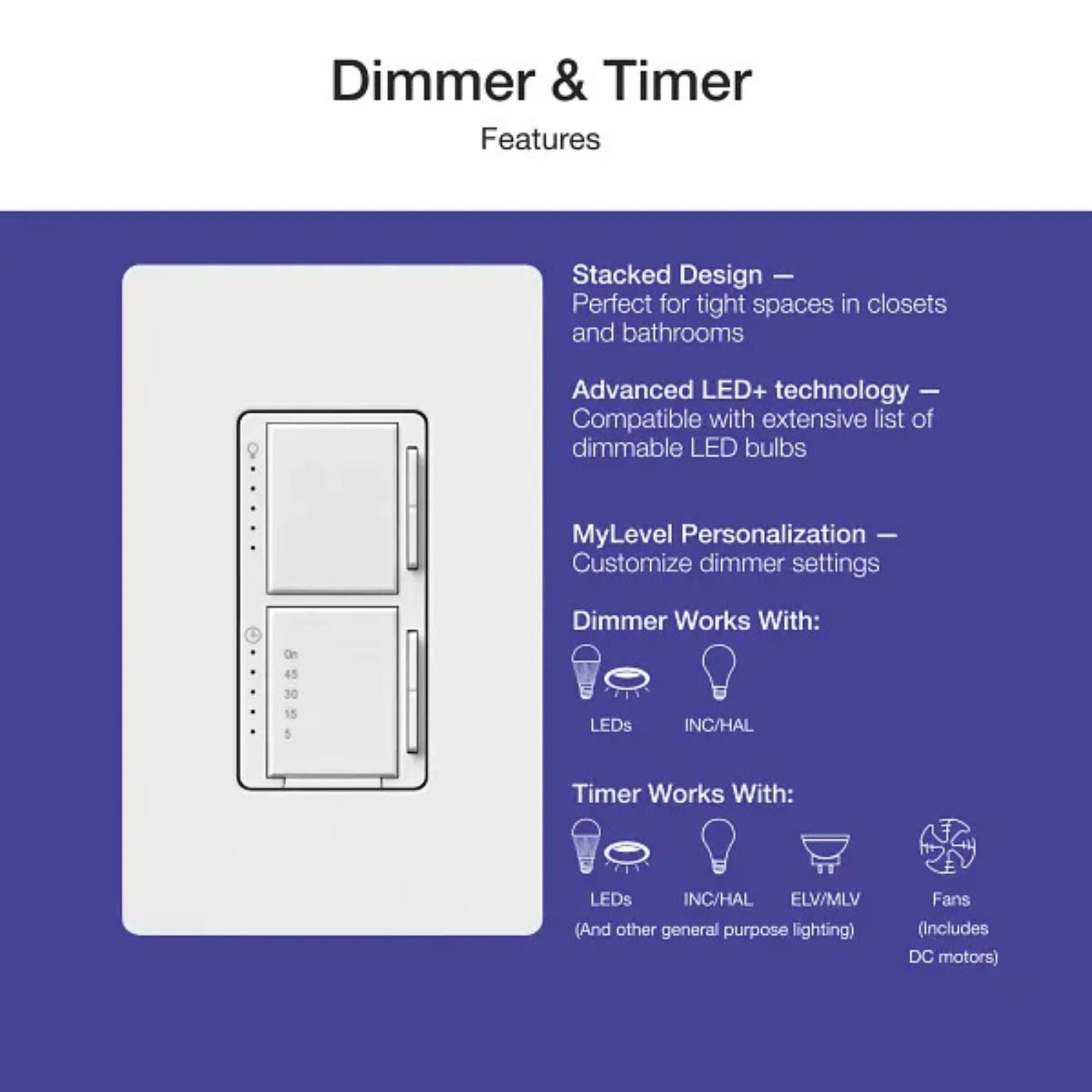 Maestro 5-Level Dimmer/Timer Switch, 75W LED/2.5A Fan, Single Pole, White - Bees Lighting