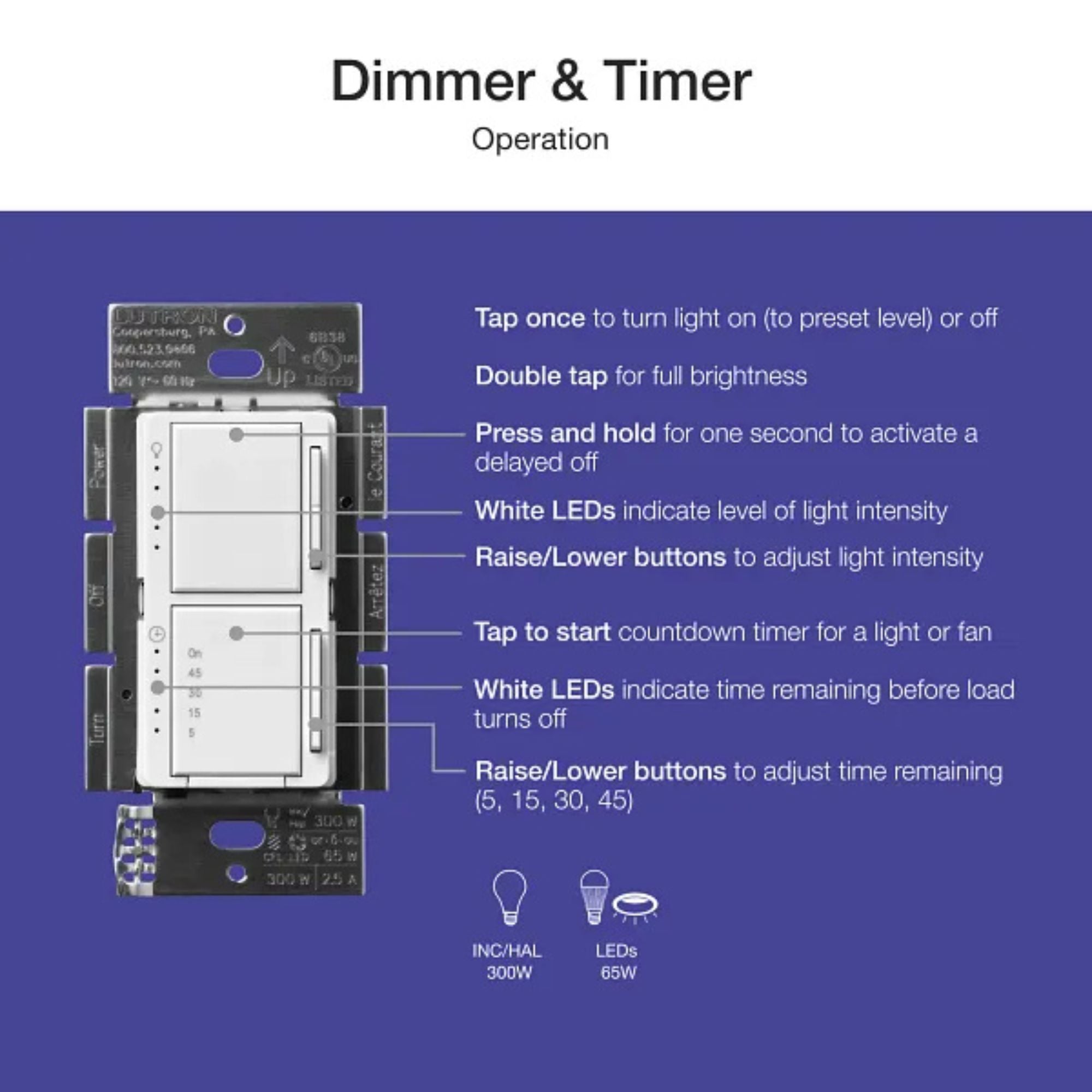 Maestro 5-Level Dimmer/Timer Switch, 75W LED/2.5A Fan, Single Pole, White - Bees Lighting