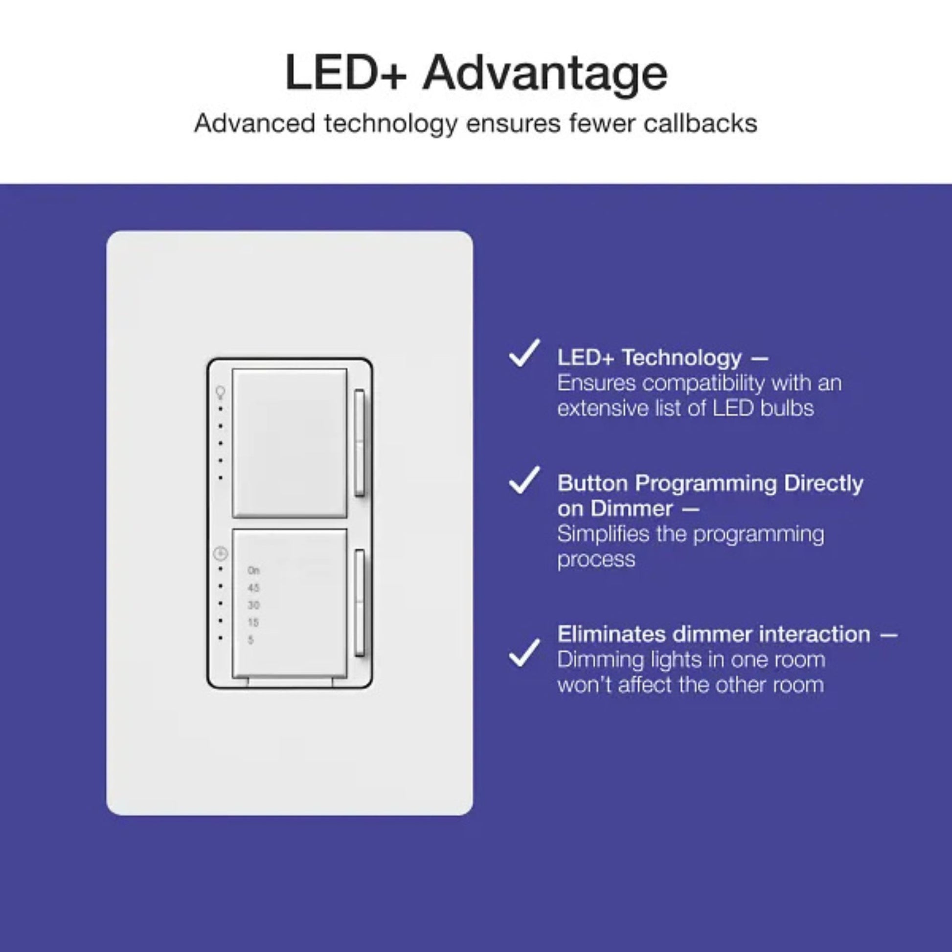 Maestro 5-Level Dimmer/Timer Switch, 75W LED/2.5A Fan, Single Pole, White - Bees Lighting