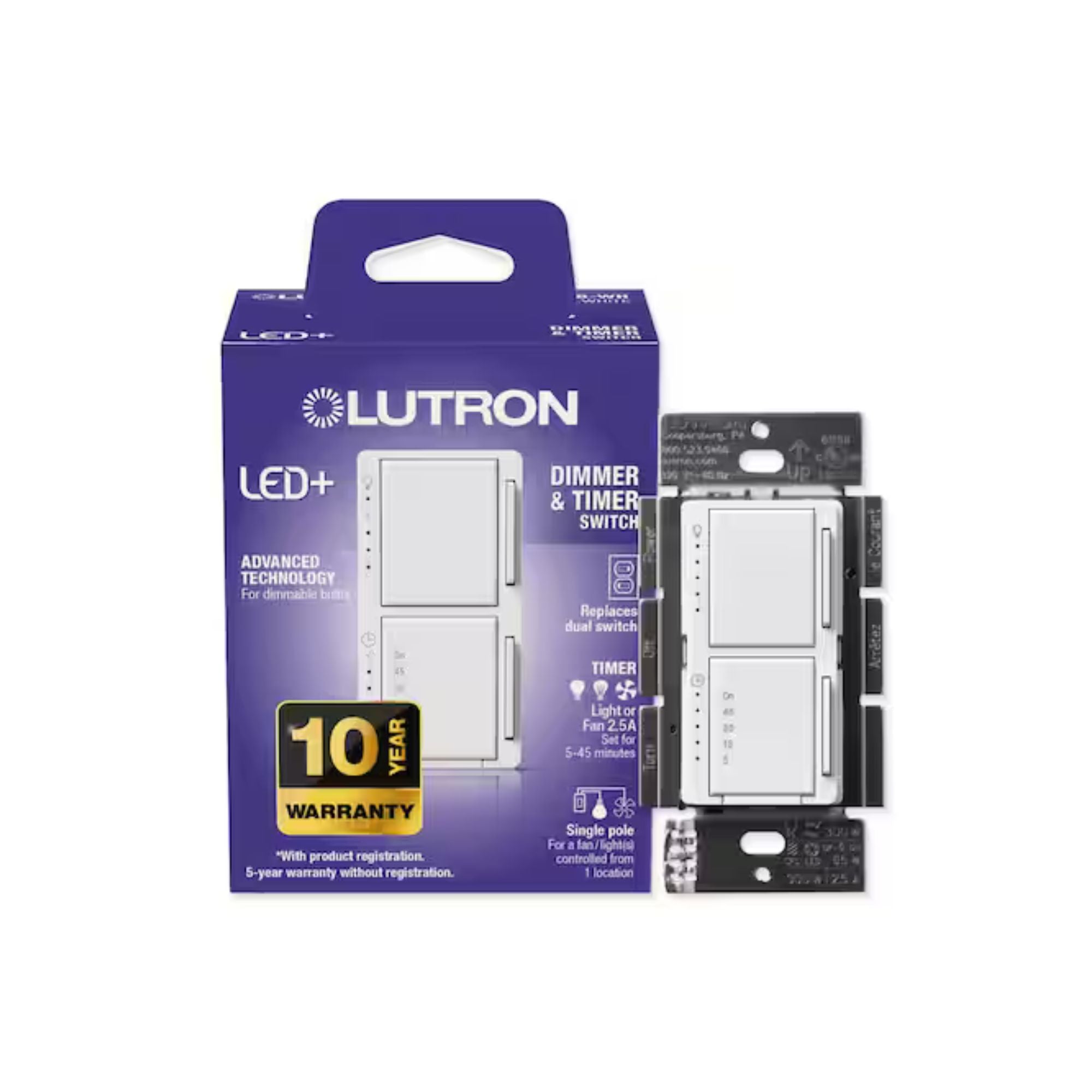 Maestro 5-Level Dimmer/Timer Switch, 75W LED/2.5A Fan, Single Pole, White - Bees Lighting