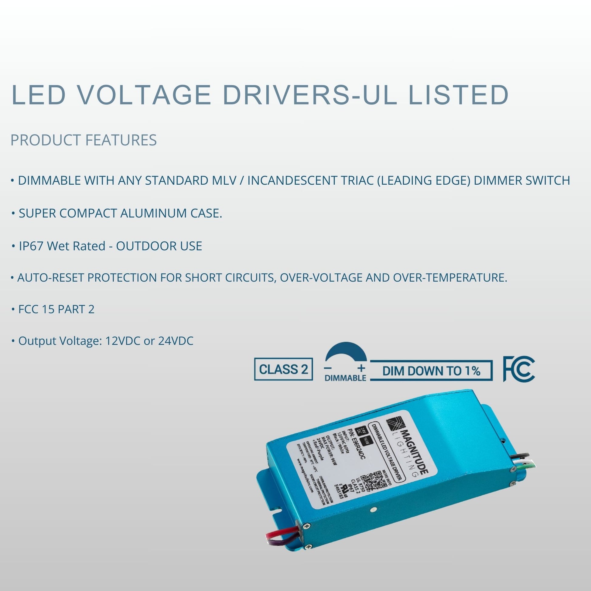 E-Series 20 Watts, 12VDC LED Driver, Class 2, Triac Phase Dimming, IP67 Rated - Bees Lighting