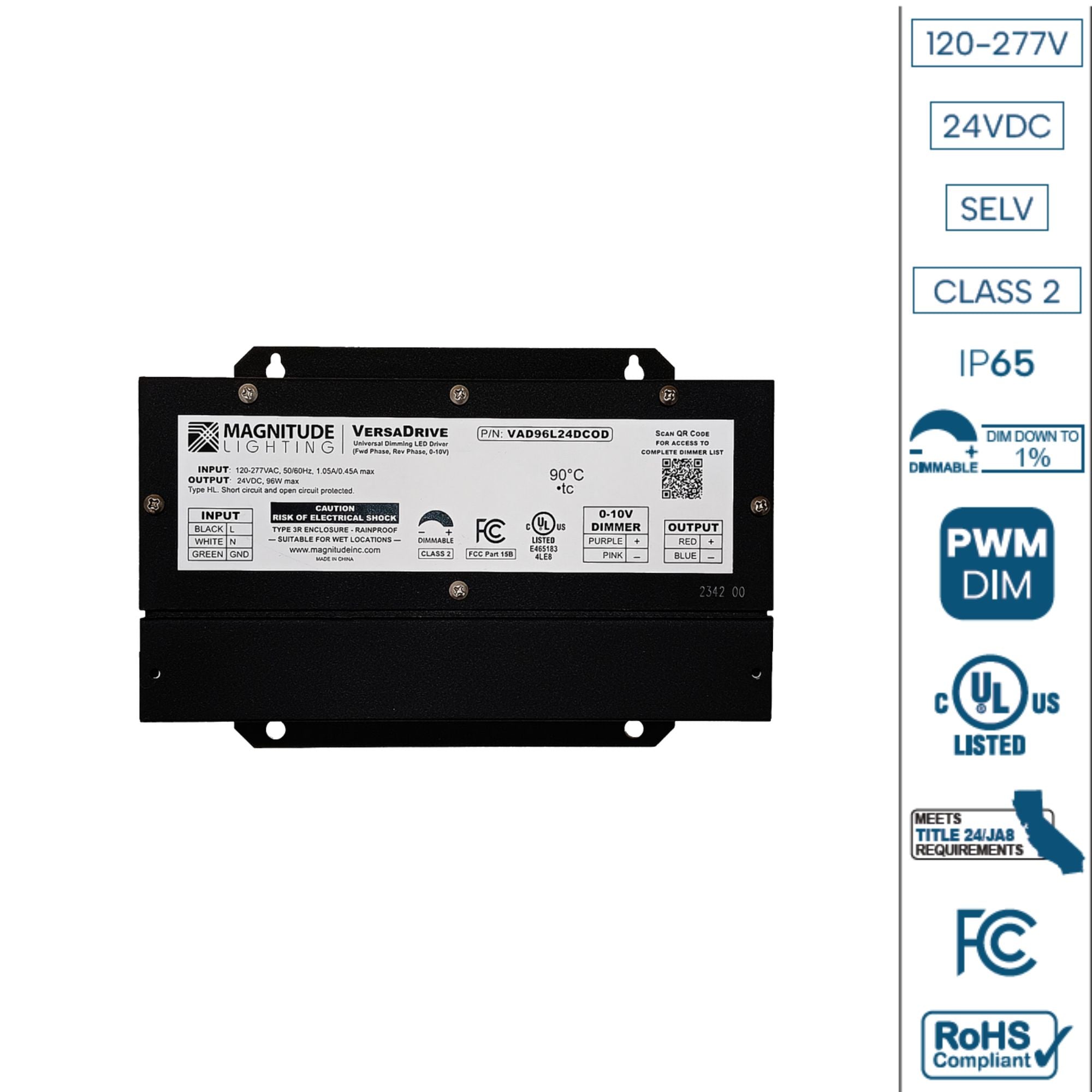 Magnitude Lighting - VersaDrive 96W 24VDC LED Driver with 5-Way Dimming, Class 2, 120-277V | Bees Lighting