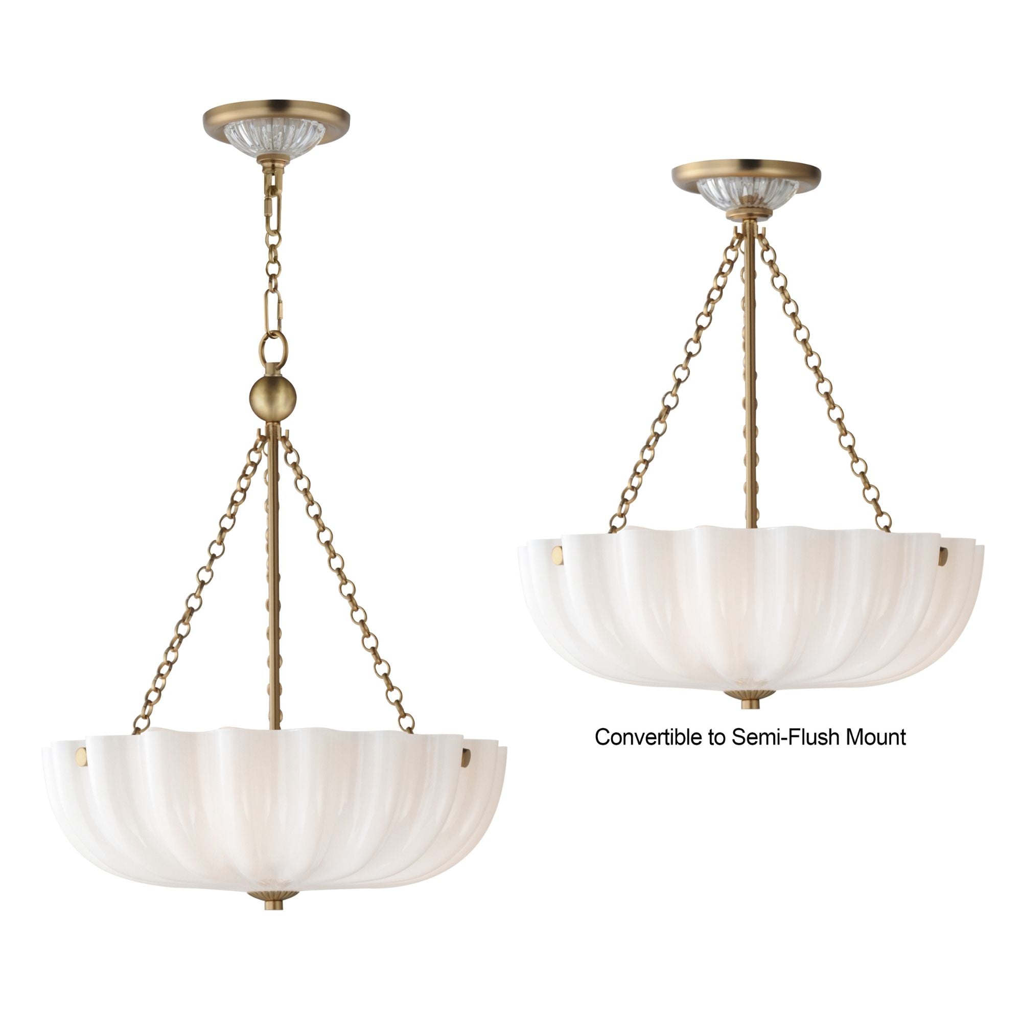 Bundt 15" 3-Light Convertible Pendant, White/Natural Aged Brass Finish