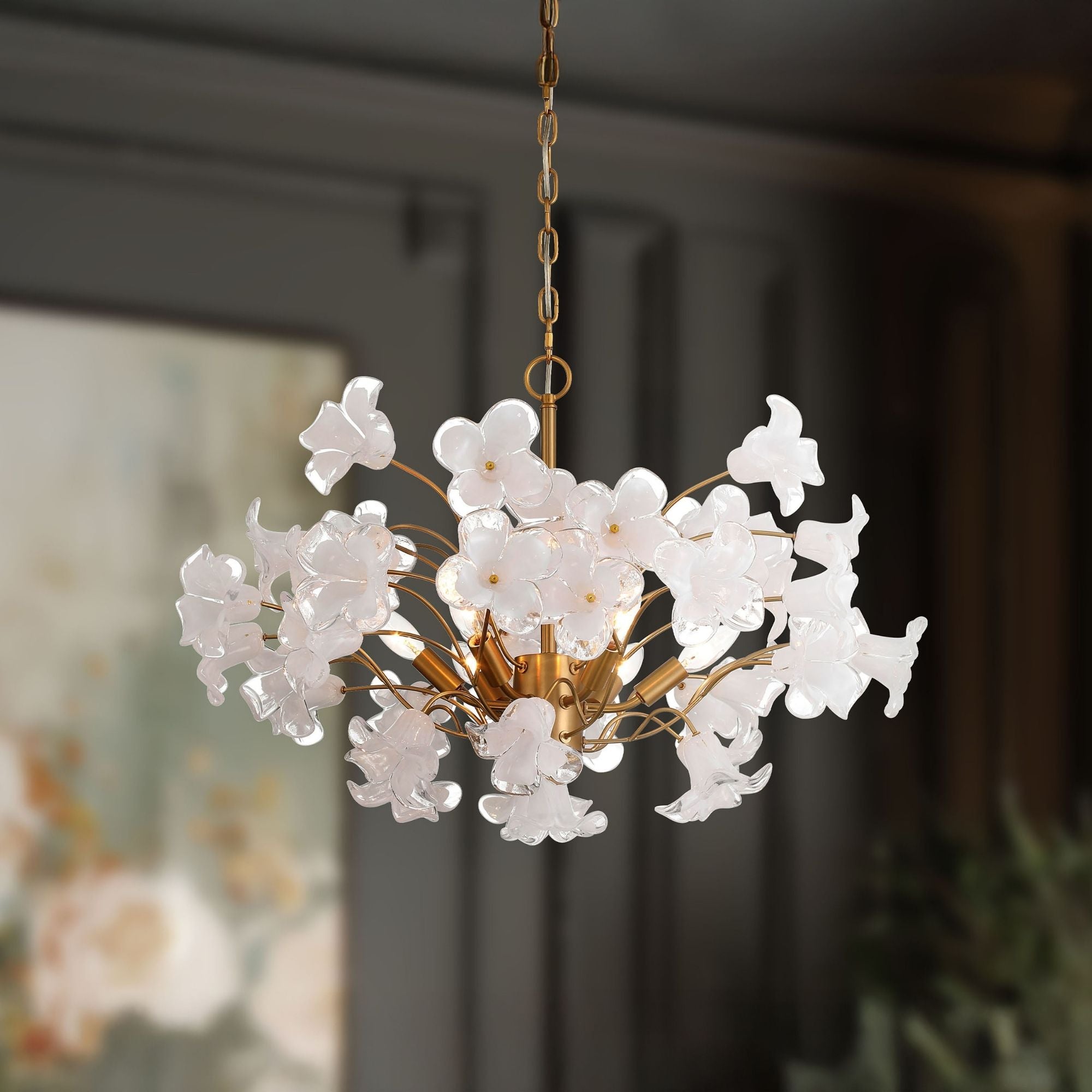 Metropolitan Bloome 29 in. 6-Light Chandelier, Legacy Brass with Handmade Clear Glass