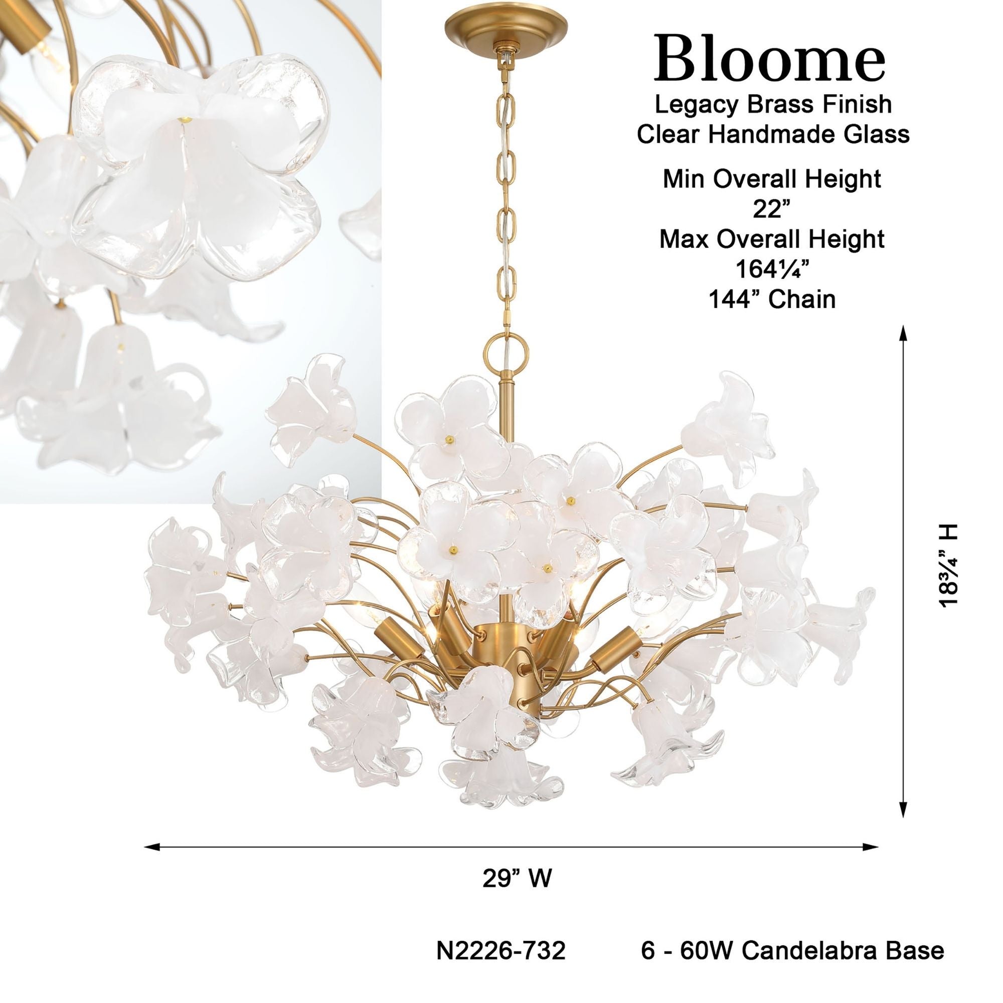 Metropolitan Bloome 29 in. 6-Light Chandelier, Legacy Brass with Handmade Clear Glass