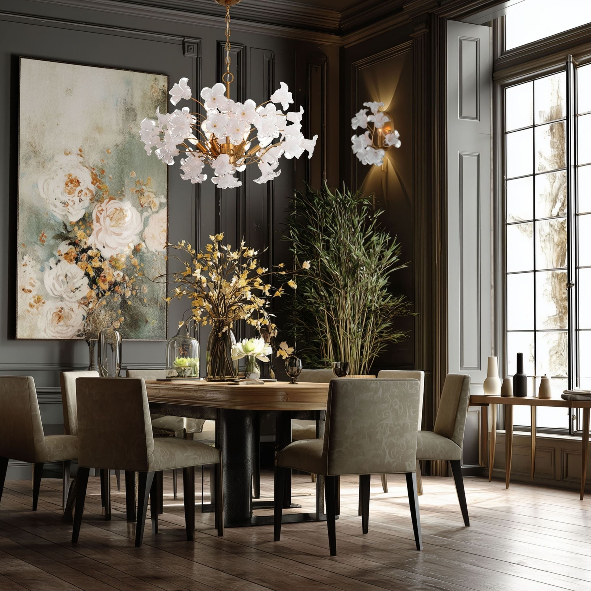 Metropolitan Bloome 29 in. 6-Light Chandelier, Legacy Brass with Handmade Clear Glass