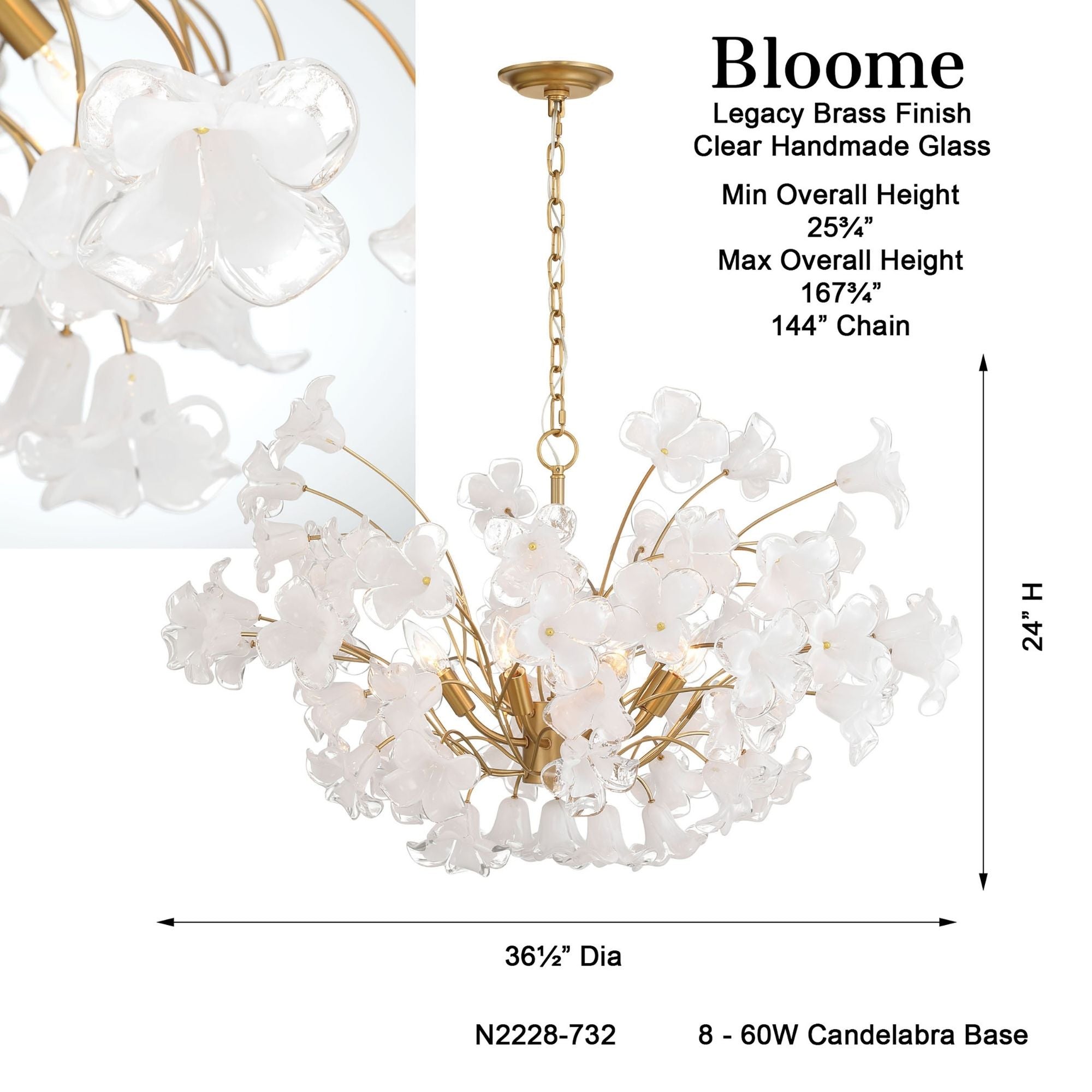 Metropolitan Bloome 24 in. 8-Light Chandelier, Legacy Brass with Handmade Clear Glass