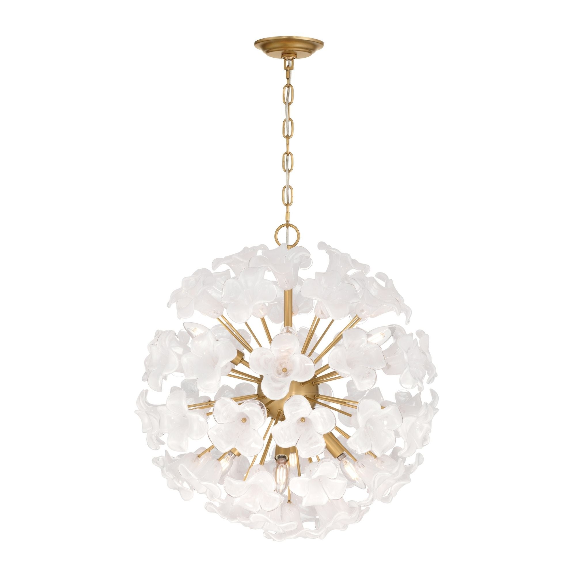 Metropolitan Bloome 22 in. 8-Light Pendant, Legacy Brass with White Swirl Glass Globe