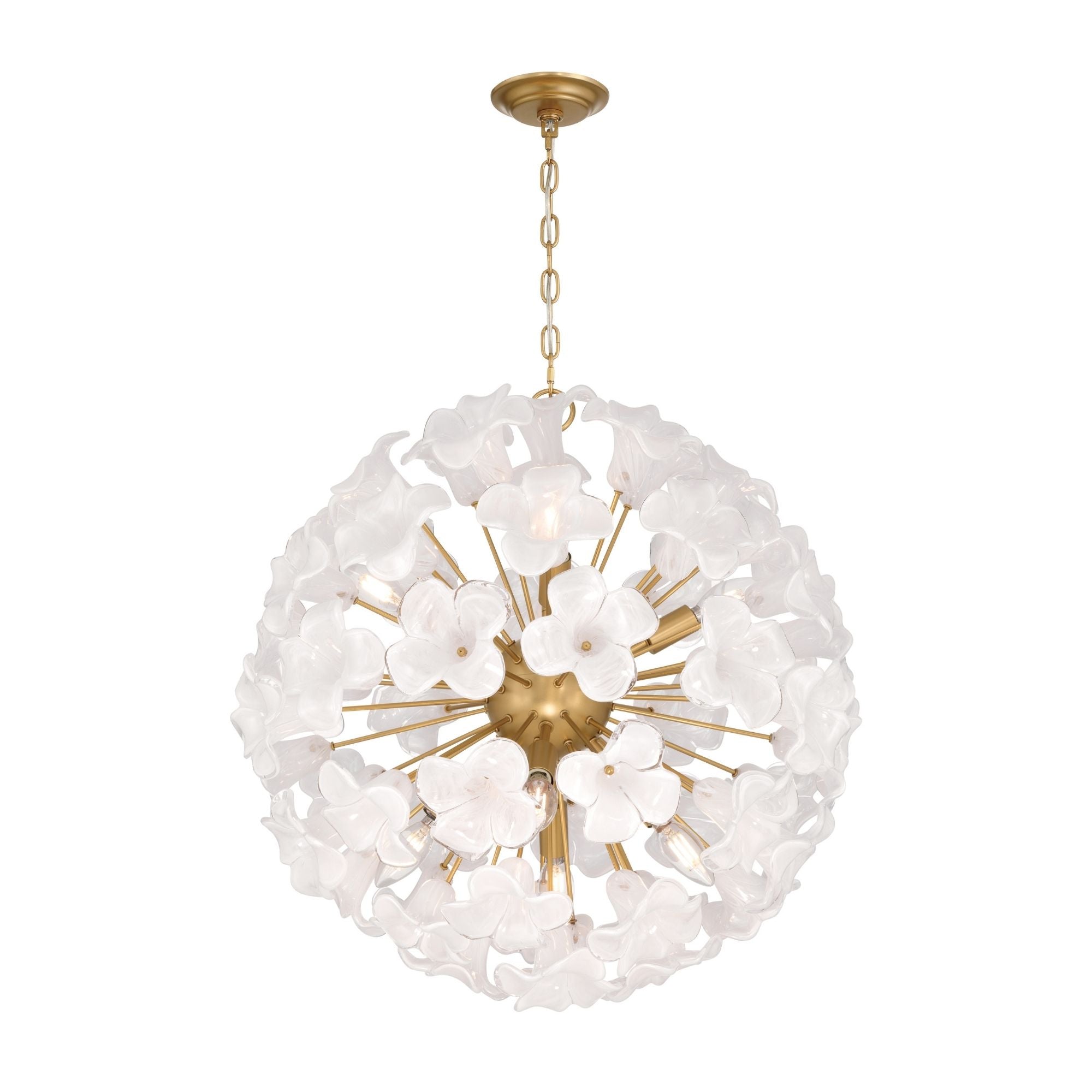 Metropolitan Bloome 22 in. 8-Light Pendant, Legacy Brass with White Swirl Glass Globe