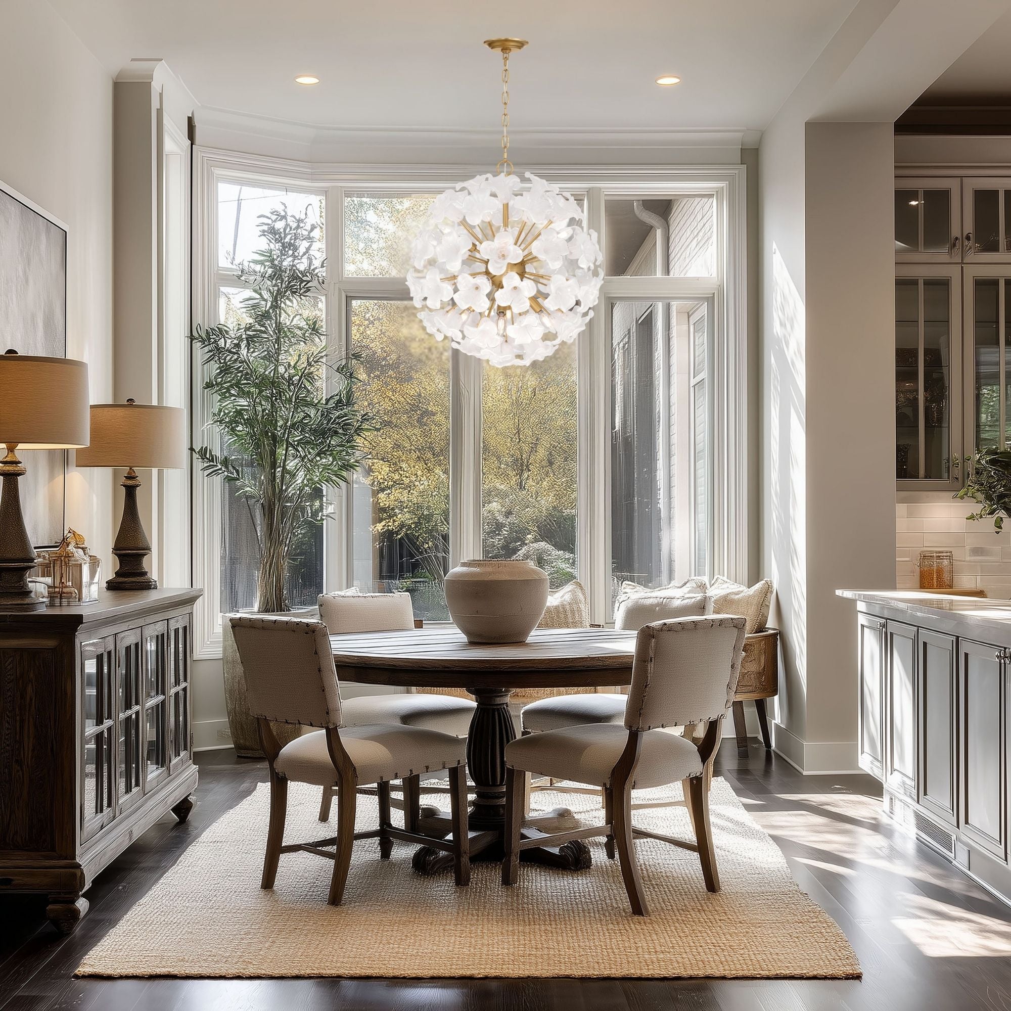 Metropolitan Bloome 22 in. 8-Light Pendant, Legacy Brass with White Swirl Glass Globe