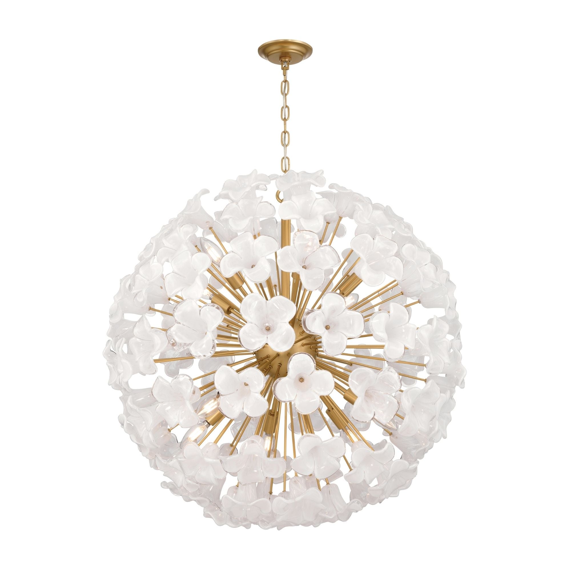 Metropolitan Bloome 30 in. 12-Light Pendant, Legacy Brass with White Swirl Glass Globes