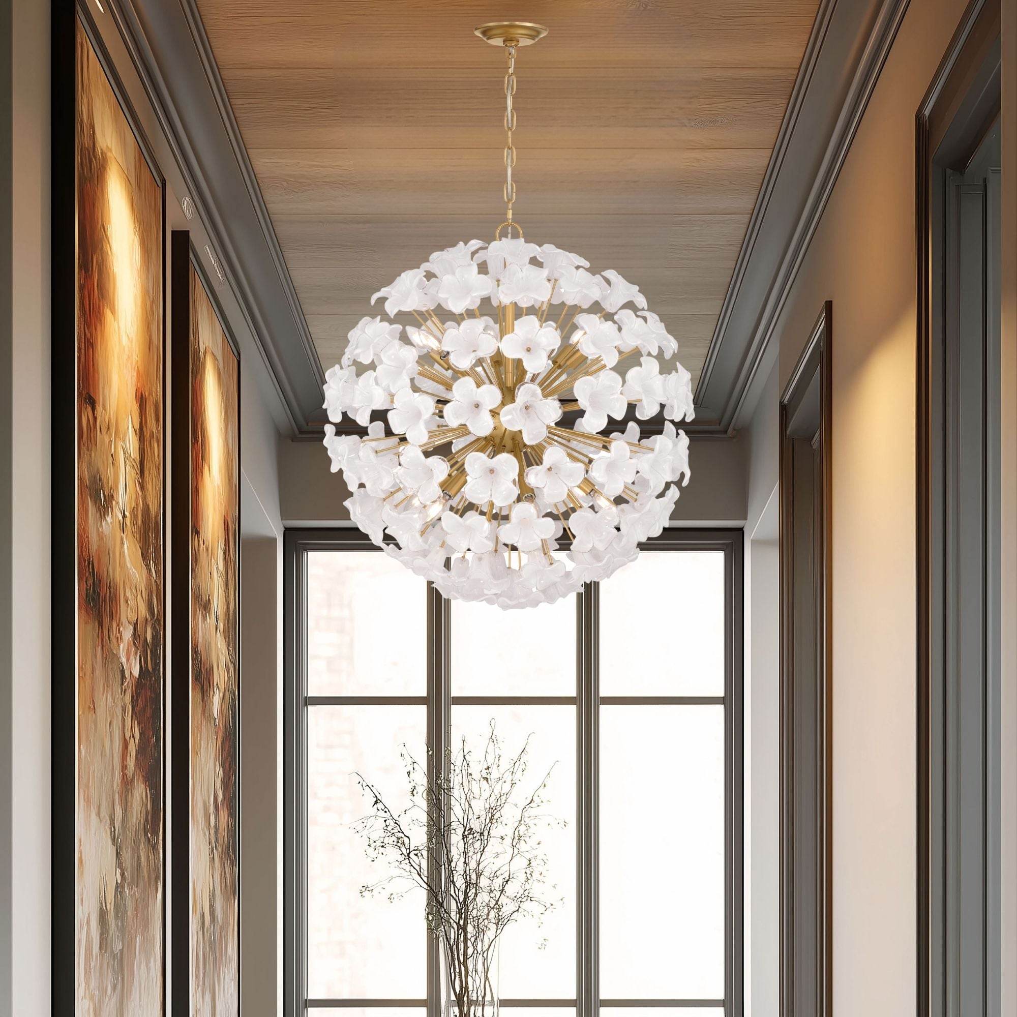 Metropolitan Bloome Pendant, Legacy Brass with White Swirl Glass Globes