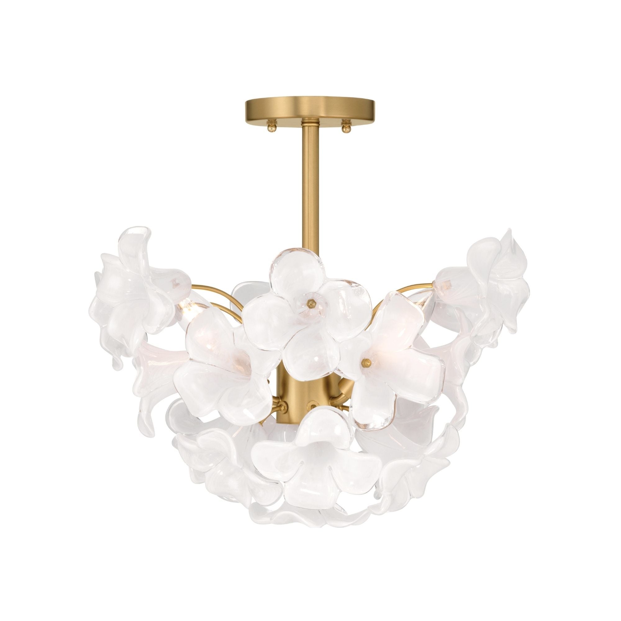Metropolitan Bloome 16.75 in. 3-Light Semi-Flush Mount, Legacy Brass with White Swirl Glass